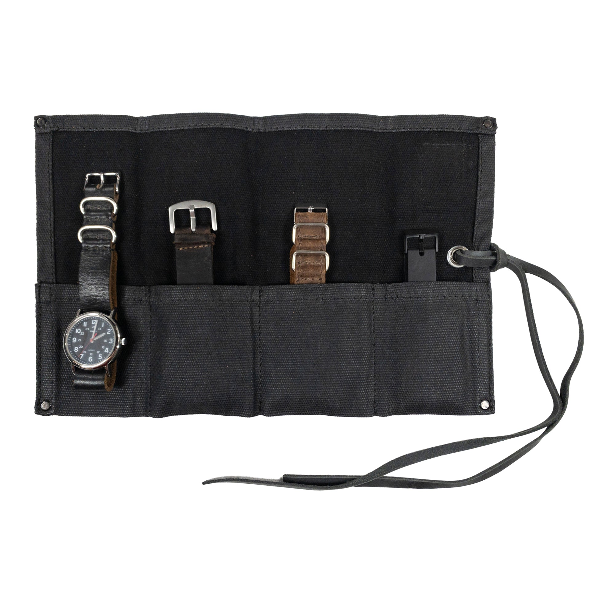 The Waxed Canvas Watch Roll by Hide & Drink in brown, showcasing its ability to organize up to 4 watches with style and elegance. Handmade for discerning watch lovers.