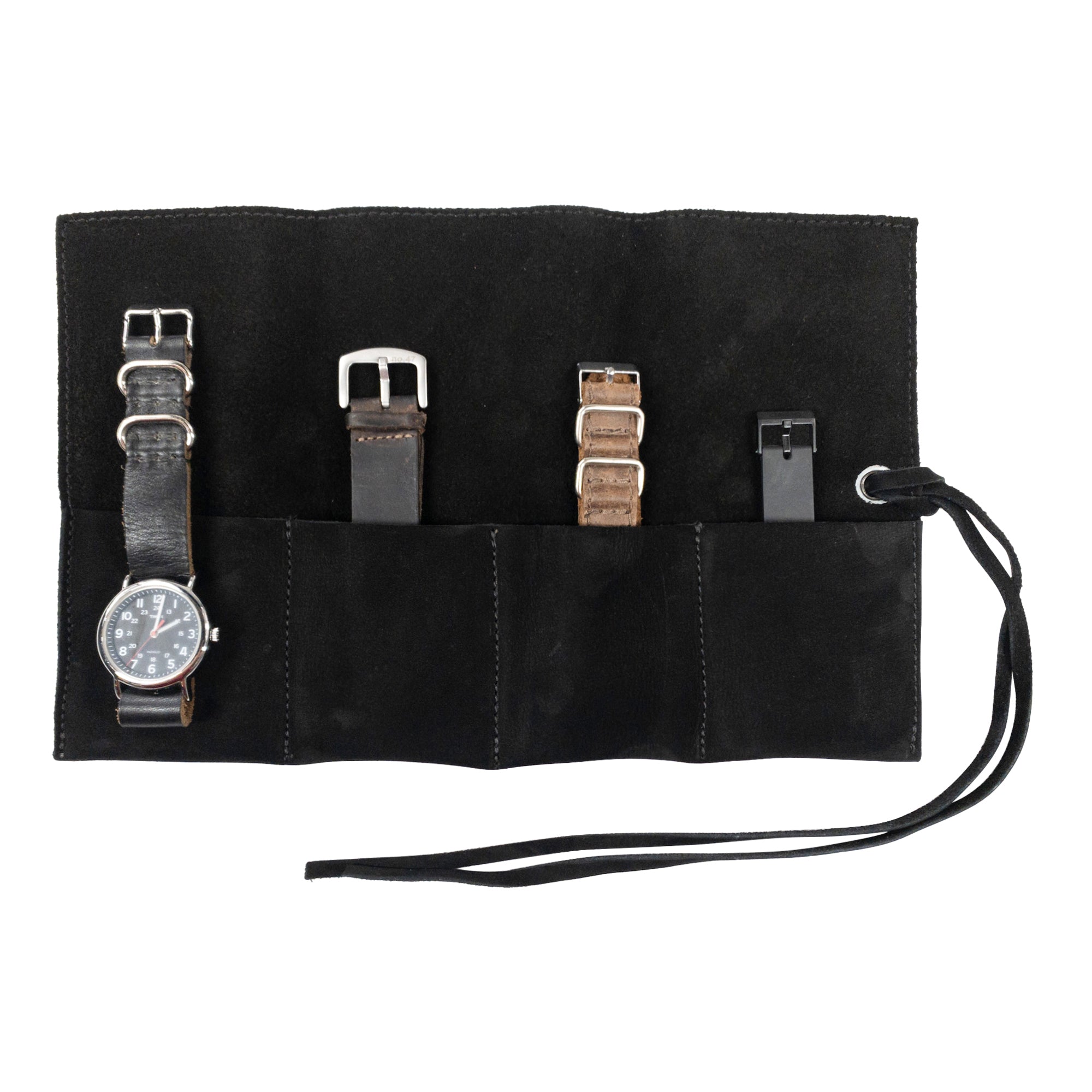 Quality Watch Roll by Hide & Drink, holds 4 watches stylishly. This easy carry Watch Roll Organizer features full grain leather craftsmanship, showcasing artisan details from small batch production, hand cut, hand sewn, and fire branded made in La Antigua Guatemala & Oaxaca Mexico.