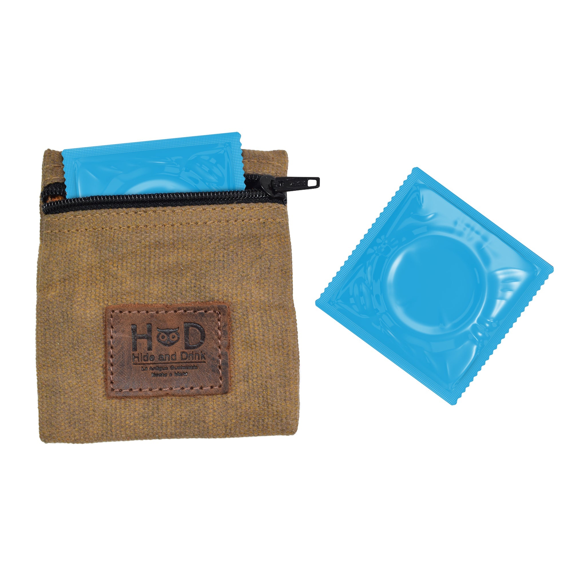 Hide & Drink Condom Pouch showcasing a blue condom, featuring a water resistant waxed canvas material. Ideal as a change, valuables, or tech pocket purse. This classic partner gift is perfect for travel and honeymoon essentials. Handmade in La Antigua Guatemala, this small batch production item is hand cut, hand sewn, and fire branded.