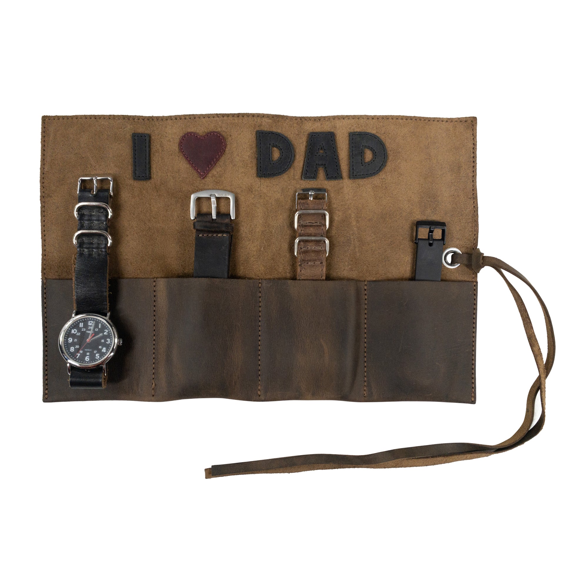 Versatile Watch Roll by Hide & Drink, capable of holding up to 4 watches stylishly. This easy carry Watch Roll Organizer is crafted from full grain leather, showcasing small batch production which includes hand cut, hand sewn, and fire branded artisanal craftsmanship made in La Antigua Guatemala & Oaxaca Mexico.