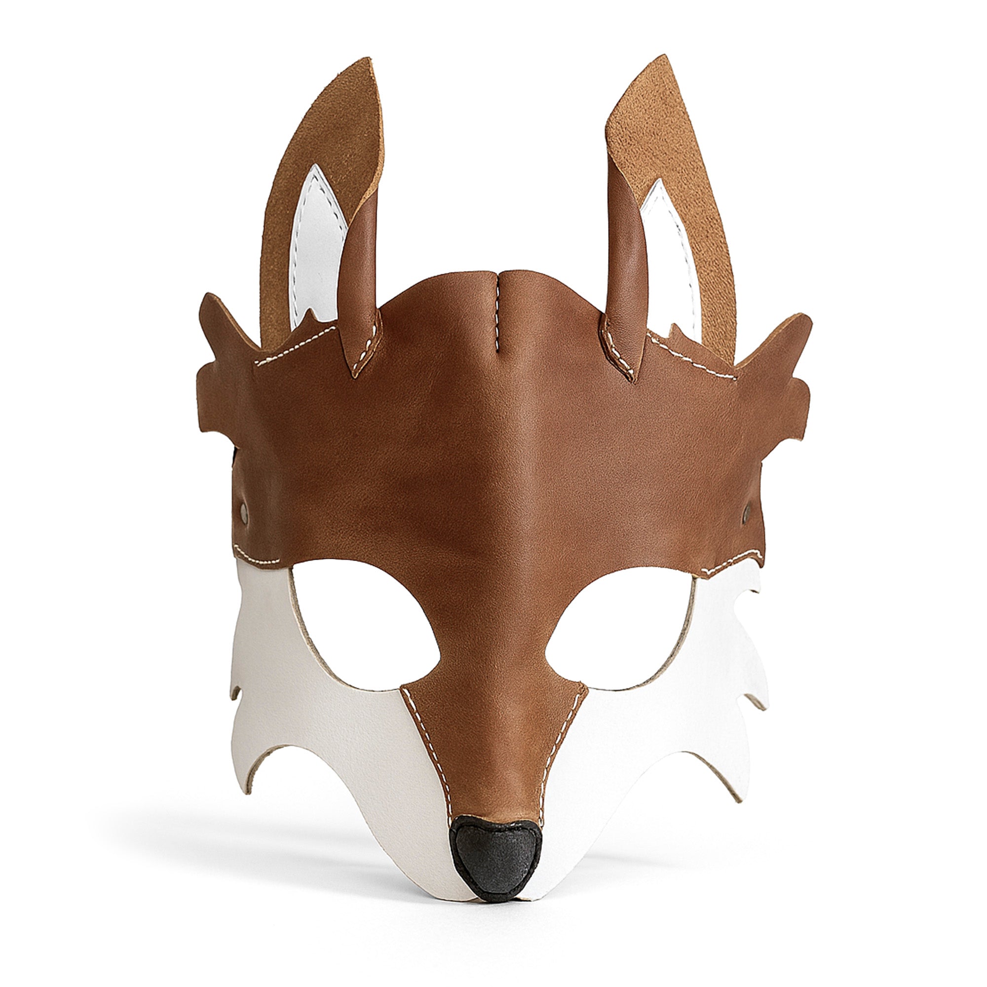 Stylish Fox Mask made from full grain leather, perfect for costumes for men and women, ideal for cosplay and Halloween. Handcrafted by Hide & Play with small batch production techniques in La Antigua Guatemala and Oaxaca Mexico.
