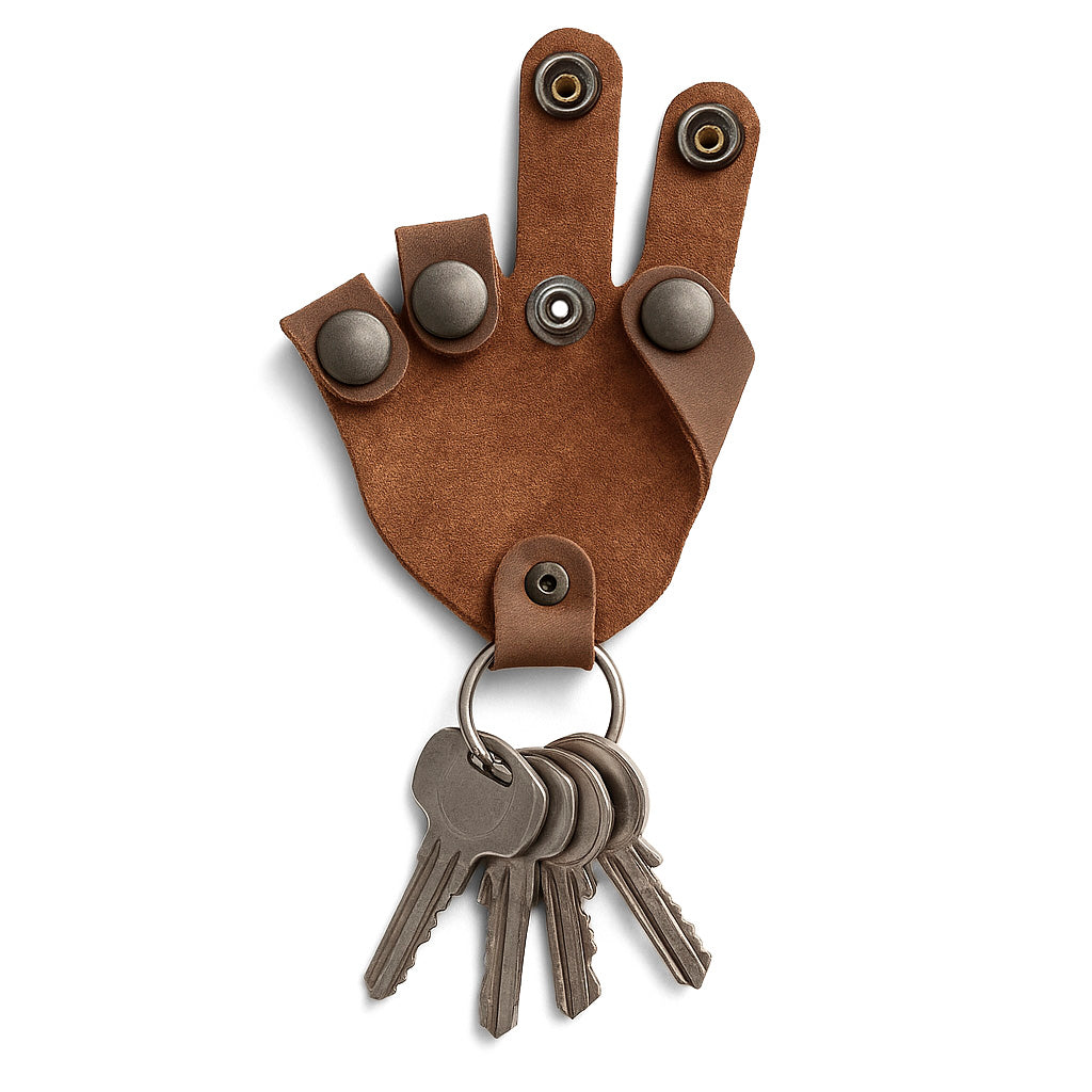 A stylish Hand Keychain by Hide & Play, featuring a unique full grain leather hand shape design. This Full Grain Leather Hand Shape Keychain is perfect as a keyring, key organizer, or key holder. Ideal for those who appreciate handmade, artisan products made in La Antigua Guatemala & Oaxaca Mexico, showcasing small batch production with quality craftsmanship.