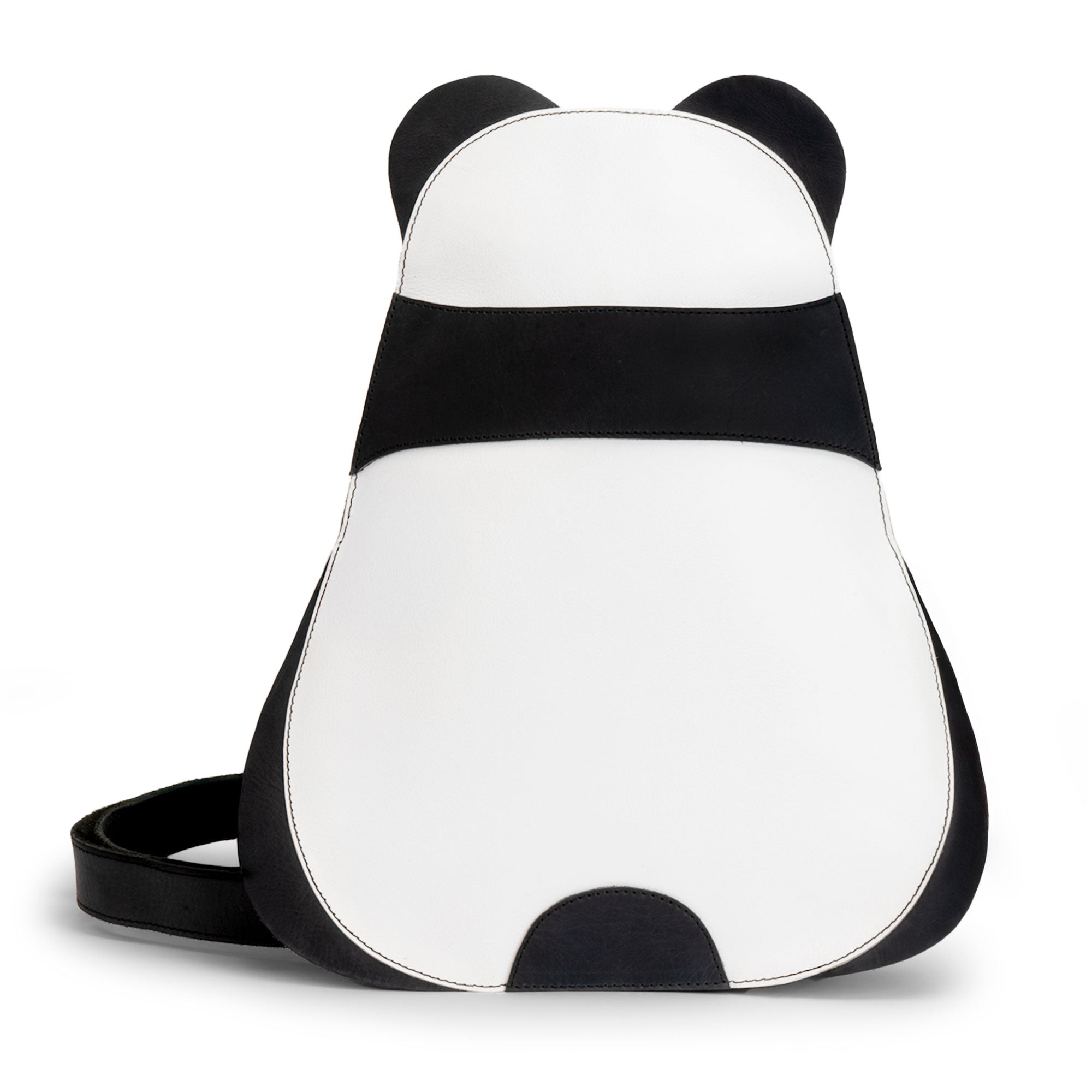 A stylish Panda-Shaped Crossbody Bag by Hide & Play, showcasing an adorable panda design made from full grain leather. Perfect for animal lovers and trendsetters, it embodies quality with small batch production, handmade in La Antigua Guatemala & Oaxaca Mexico.