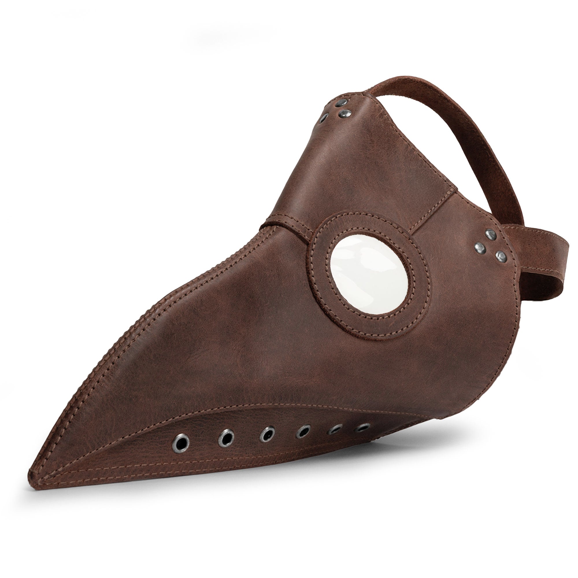 Handcrafted Plague Mask for Cosplay by Hide & Play, showcasing exquisite full grain leather craftsmanship. This adjustable plague mask is perfect for costumes, Halloween, performances, films, shows, and concerts. Features unique artisan design from Antigua, Guatemala.