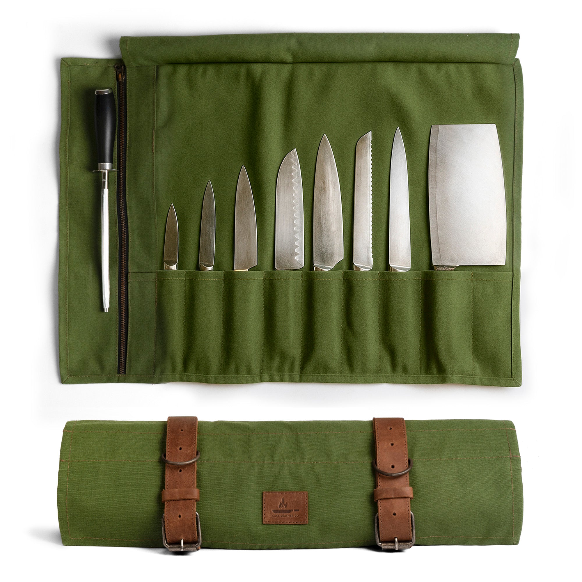 Cast Leather Co. Knife Roll Bag is a portable storage solution for specialty knives featuring 10 pockets, made from durable water-resistant canvas and full grain leather. This artisan handmade Knife Roll Bag with detachable shoulder strap protects sharp cooking items and is crafted in La Antigua Guatemala & Oaxaca Mexico.