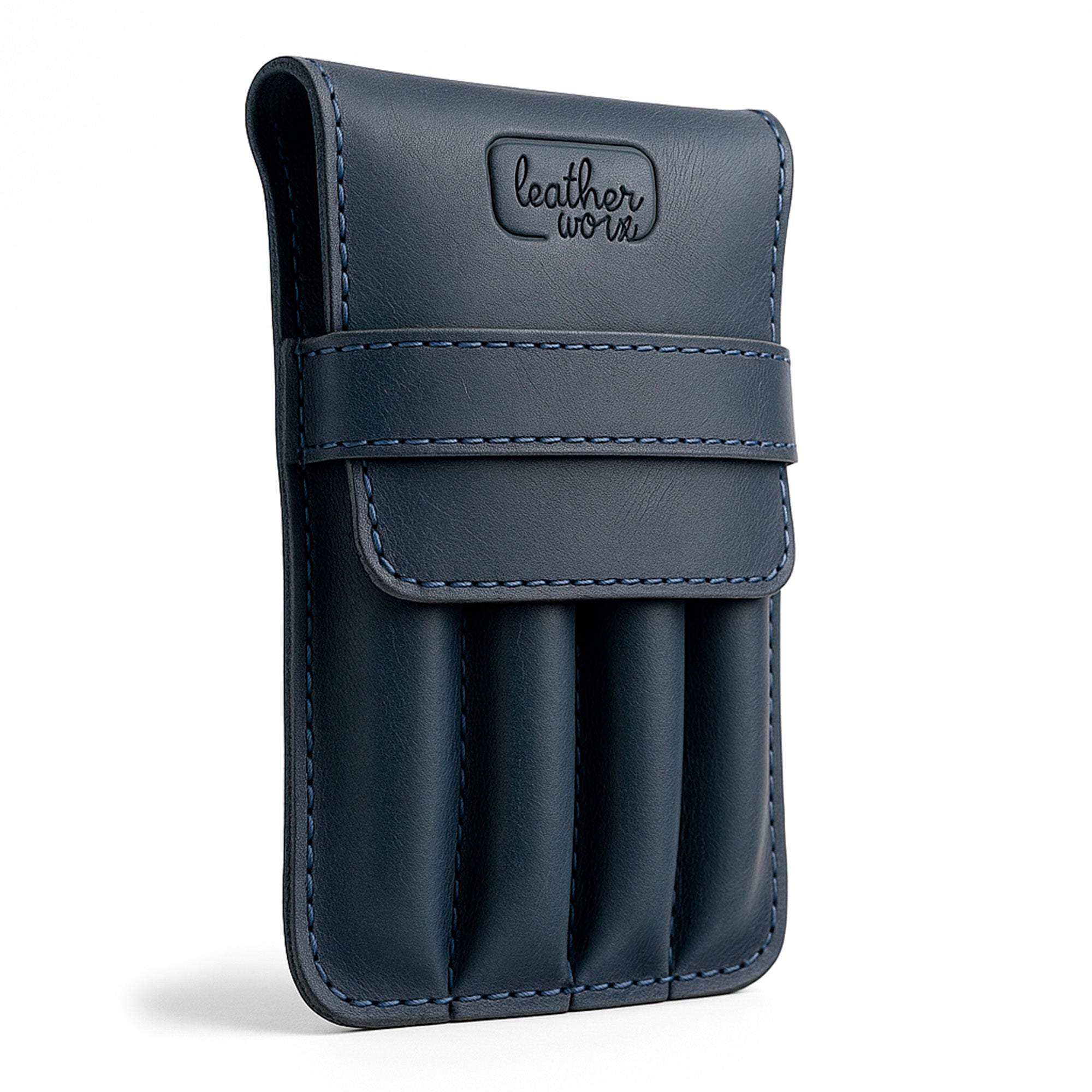 Front view of the Leather Worx 4-Pen Holder in navy blue full grain leather, offering a modern touch to a classic design for pens and pencils. This minimalist style holder highlights artisan craftsmanship with hand cut and sewn details, fire branding, and handmade quality from La Antigua Guatemala.