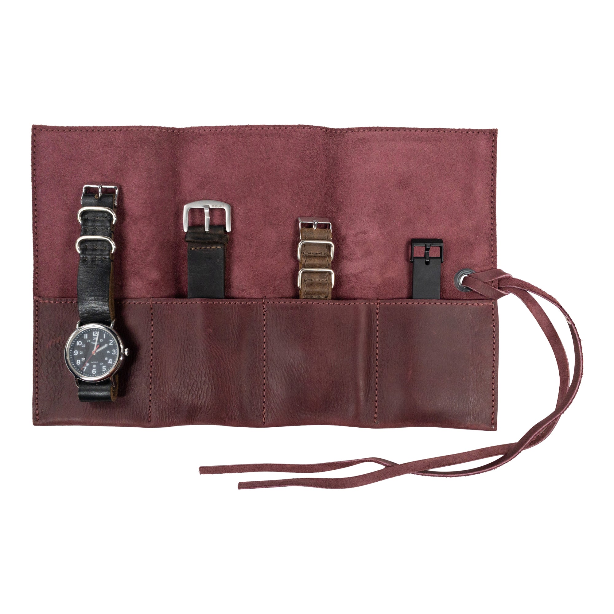 Quality leather Watch Roll by Hide & Drink, holds up to 4 watches. This easy carry Watch Roll Organizer is constructed from full grain leather, highlighting the quality of small batch production, hand cut, hand sewn, and fire branded craftsmanship made in La Antigua Guatemala & Oaxaca Mexico.