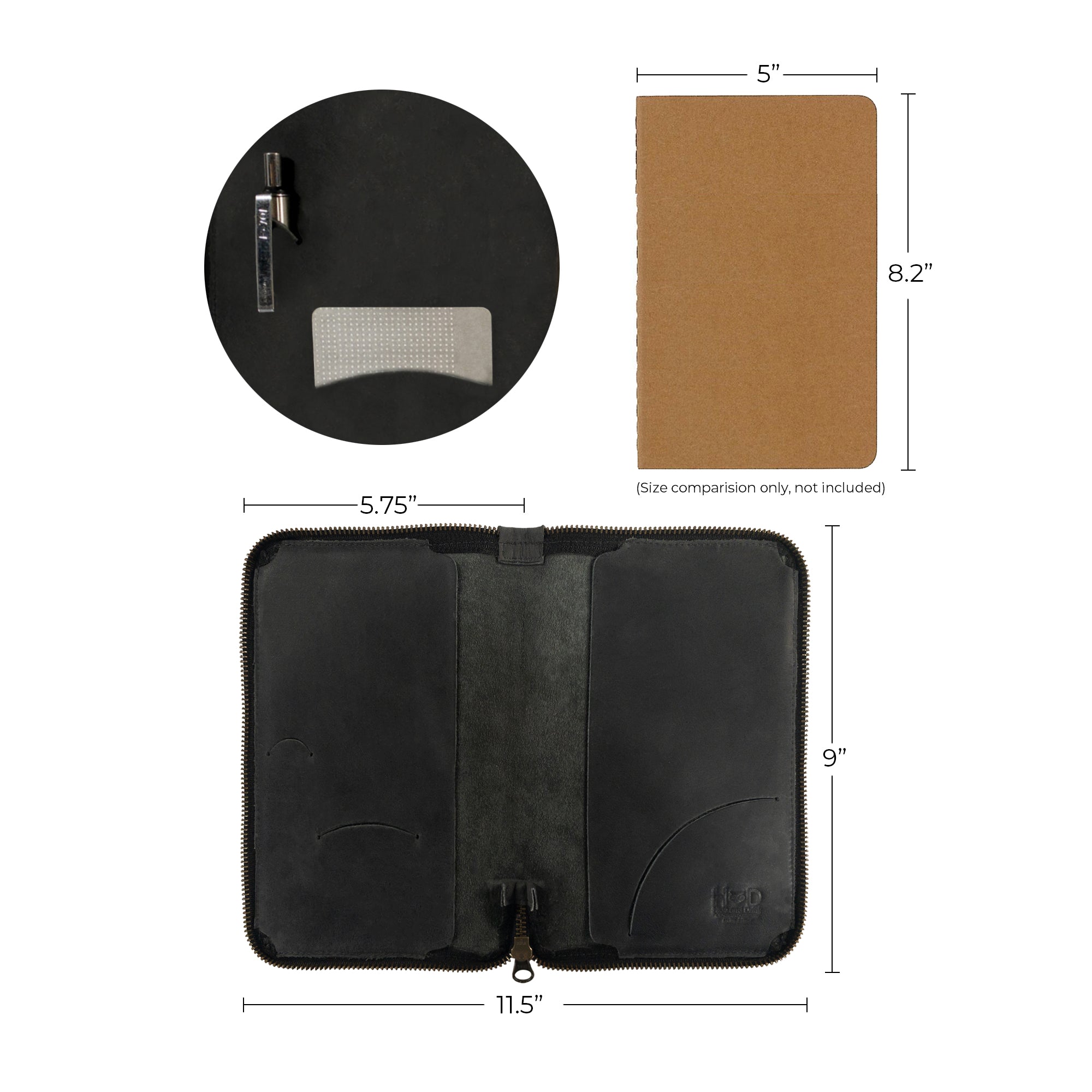 Half-open view of Hide & Drink Zippered Journal Cover for Moleskine (Notebook NOT Included), showcasing lined paper and artisan pockets.