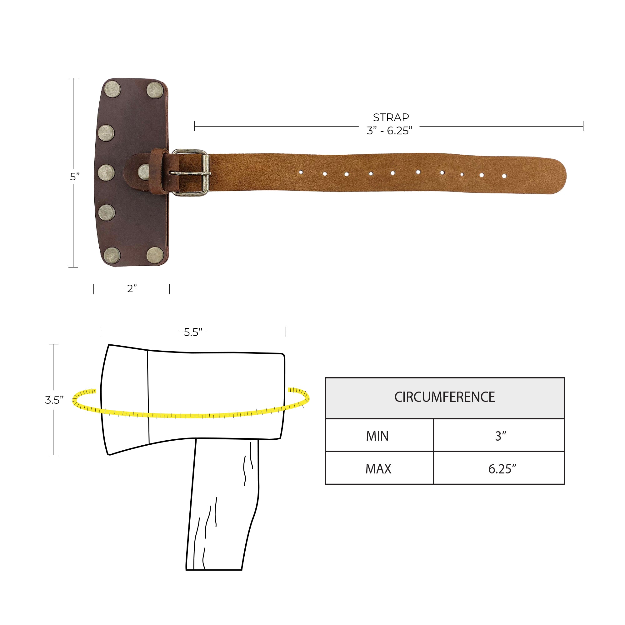 Lumberjack Axe Head Sheath by Valhalla Gear, with measurements displayed, emphasizing its practicality. Handmade from Full Grain Leather - Protector Case offers blade safety and is a great addition to camping accessories. Perfect for the lumberjack outdoors work essentials, this Artisan item is hand cut, hand sewn, fire branded, and made in La Antigua Guatemala & Oaxaca Mexico.