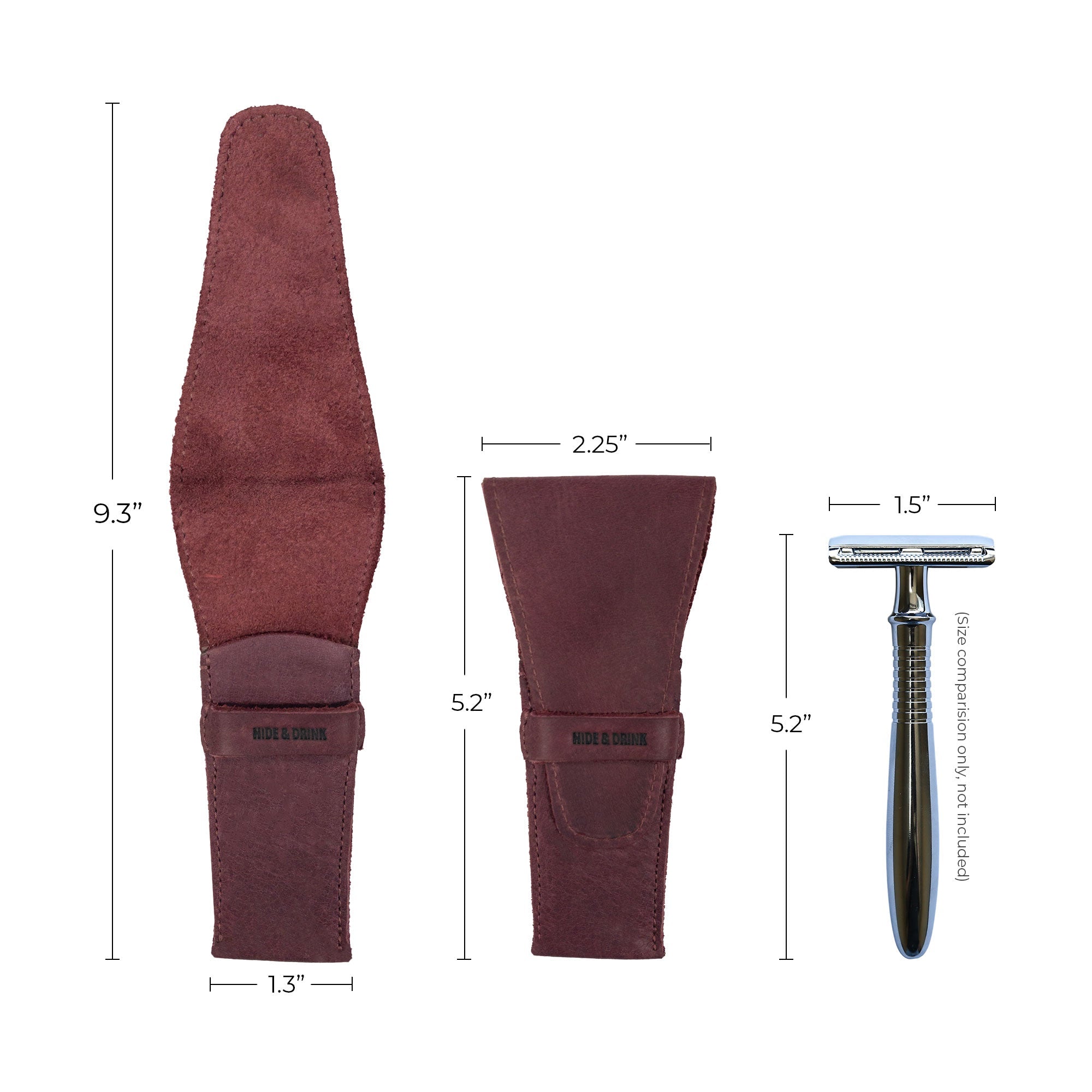 Dimensions of the burgundy Safety Razor Case from Hide & Drink, detailing its suitable size for shaving accessories. This artisan piece, made from Full Grain Leather, exemplifies the quality of small batch production and hand-cut and sewn craftsmanship.