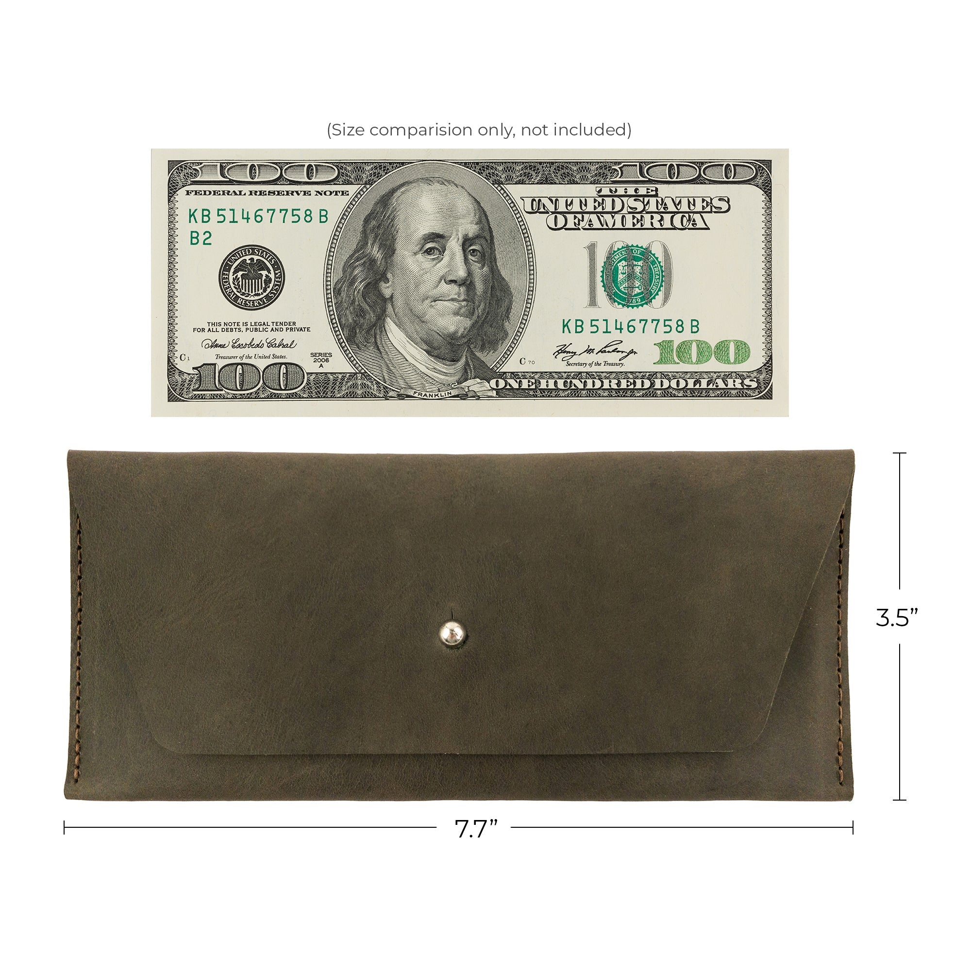 Dimensions of the green Long Utility Pouch by Hide & Drink compared next to a hundred dollar bill for scale. This artisan-made wallet offers practical storage for cash and cards.
