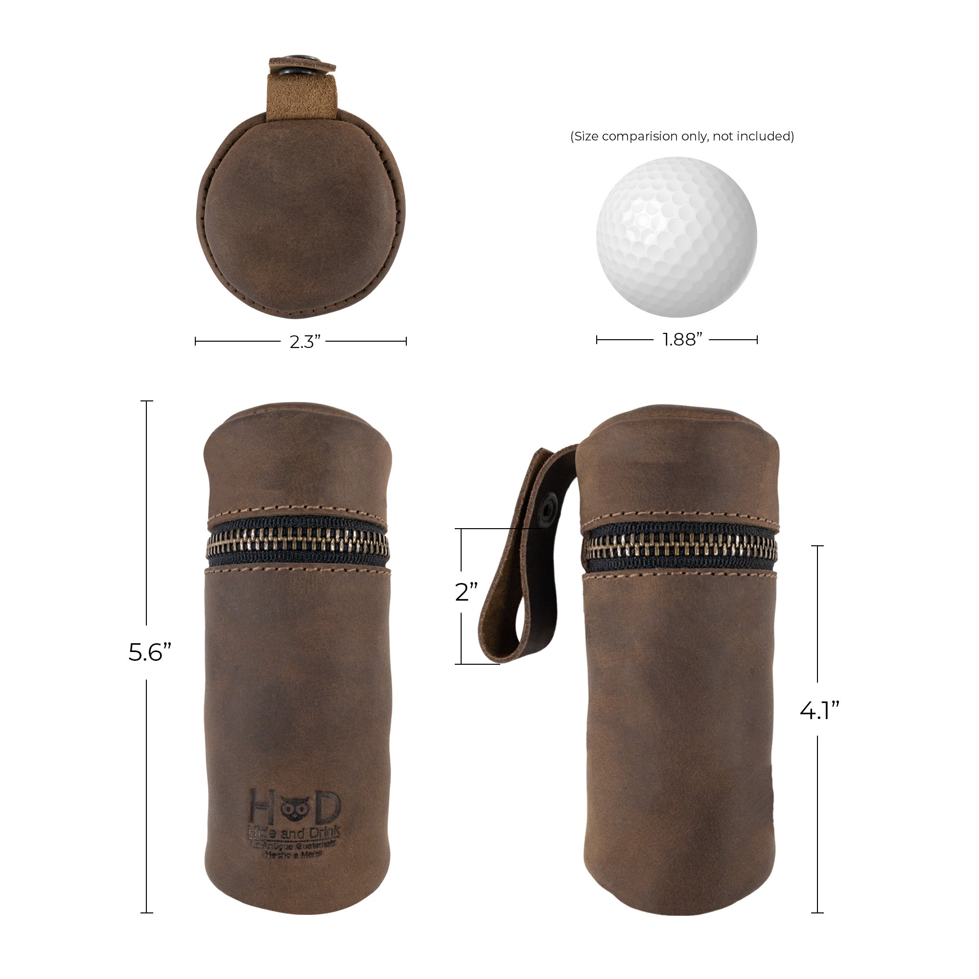 Hide & Drink's Cylinder Case for Golf Balls with measurements compared to a golf ball. This artisan piece is made from full grain leather, demonstrating its quality and functionality as a portable ball case designed for sports enthusiasts. It reflects the small batch production ethos from La Antigua Guatemala & Oaxaca Mexico.