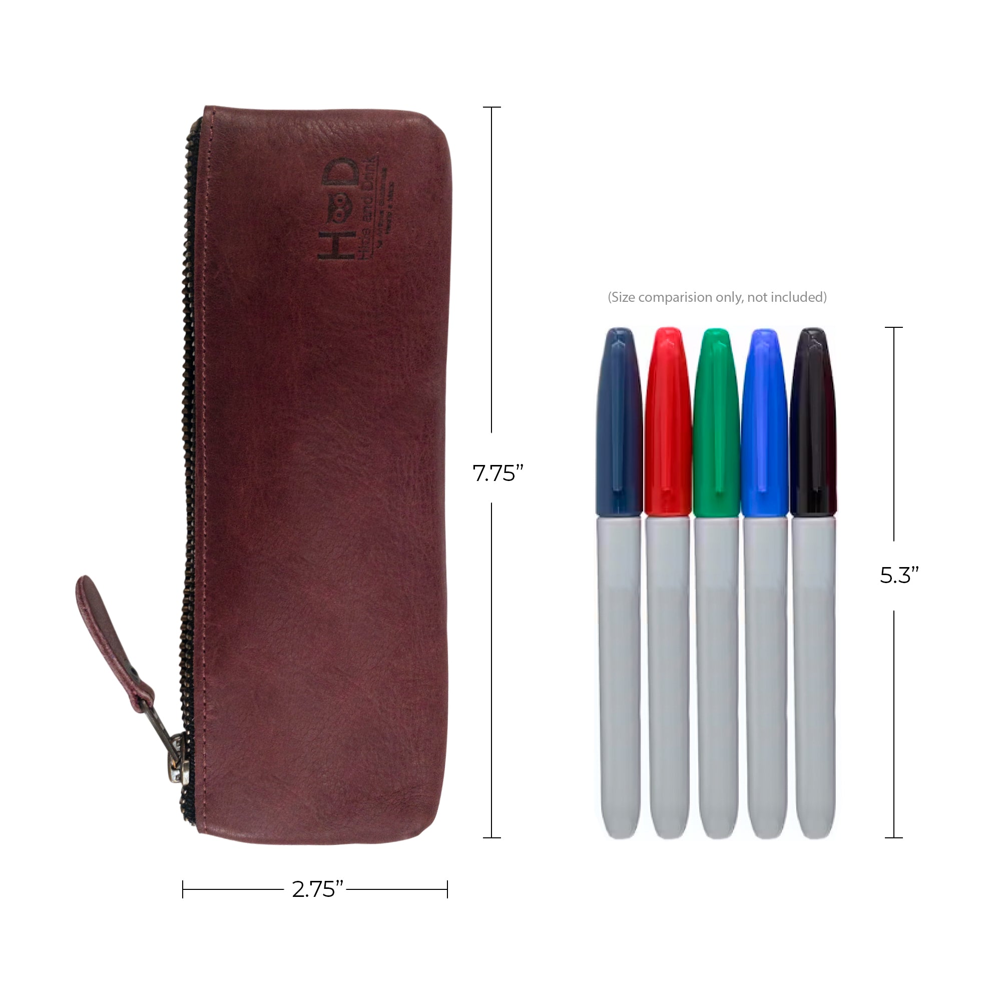 Detailed shot of Hide & Drink's Pencil Pouch with size comparison. This full grain leather Rectangular Pencil Case is hand cut and sewn, making it a stylish choice for pens and markers in a flat zippered design crafted in La Antigua Guatemala.