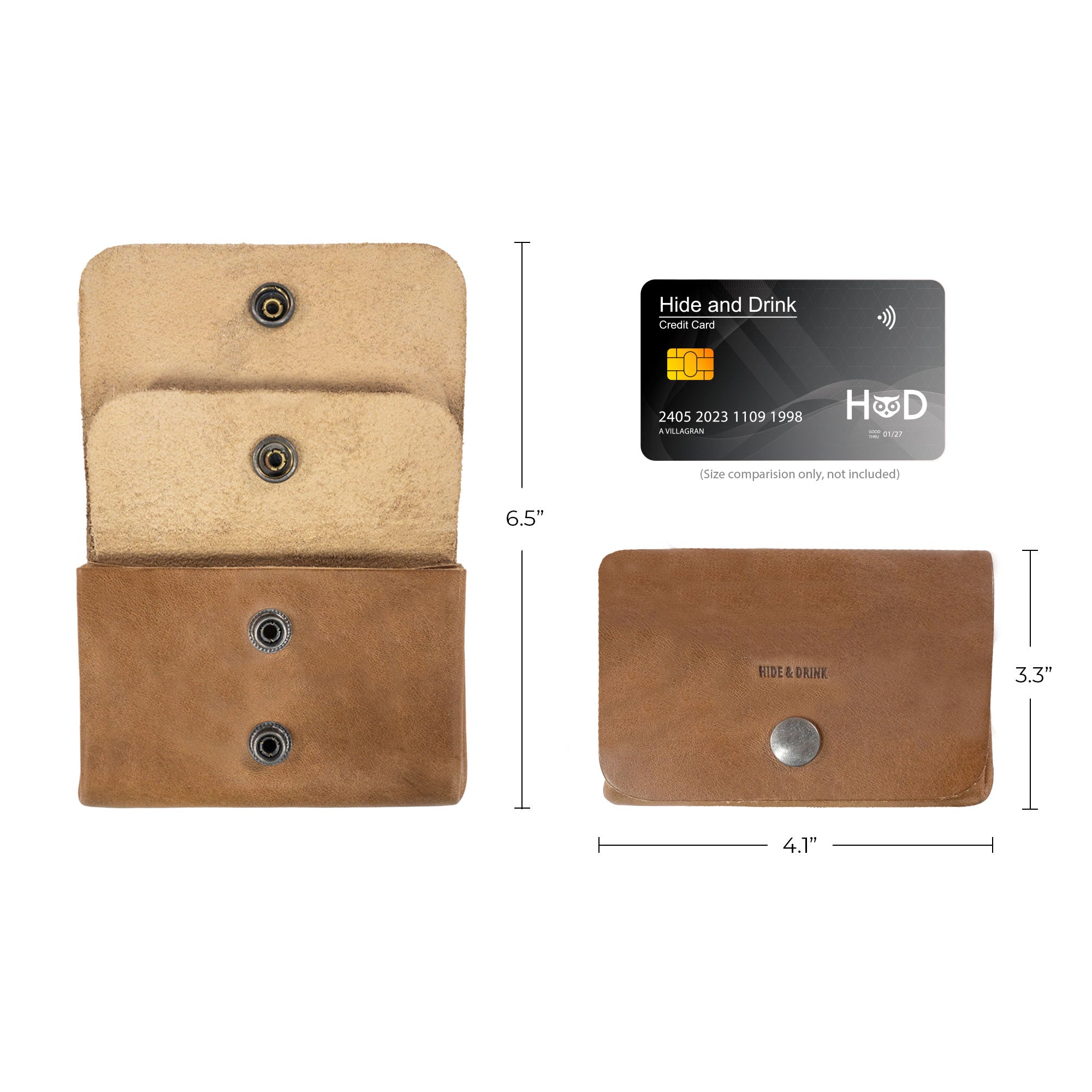 Dimensions of the brown Double Pouch Card Wallet by Hide & Drink next to a credit card for size reference. This Leather Double Pouch Card Wallet is a versatile choice for use as a card organizer, cash holder, and coin pouch for men and women, crafted from Full Grain Leather in La Antigua Guatemala & Oaxaca Mexico.