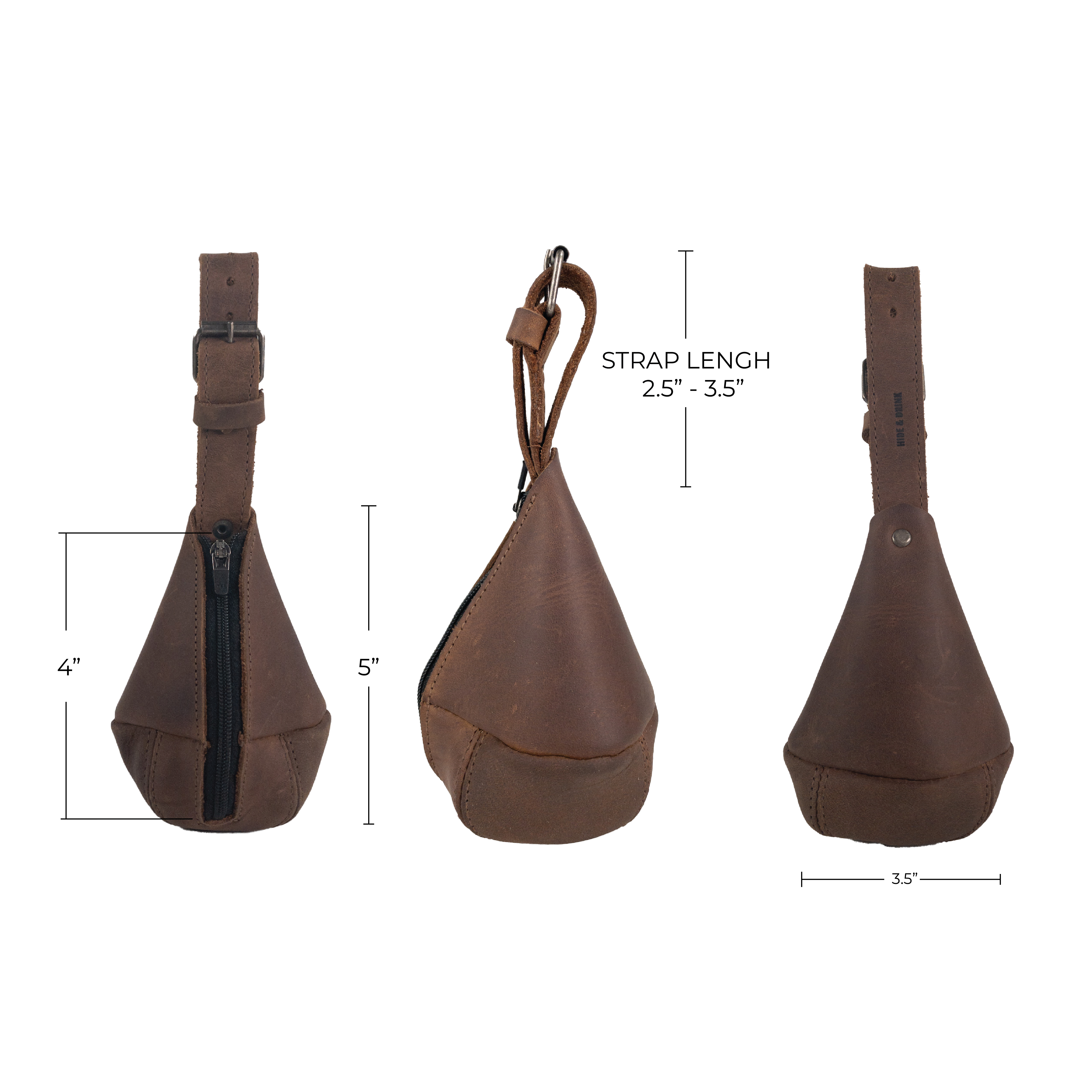 Specifications display of the Drop Shape Case by Hide & Drink, illustrating its dimensions and stylish design. This handmade full grain leather product serves as a multipurpose hanging bag, coin cash pouch, key organizer, and cable holder, rooted in artisan craftsmanship from La Antigua Guatemala & Oaxaca Mexico.