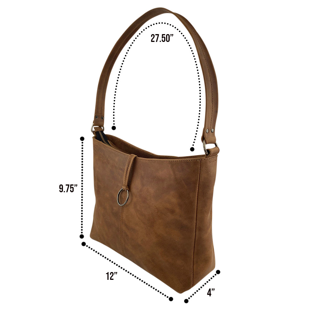 Dimensions and specifications graphic of the Classic Shoulder Bag by Hide & Drink, defining its size and structure. This Classic Shoulder Bag, made from Full Grain Leather & Plaid Cotton, features meticulous small batch production, artisan quality with hand cut and sewn elements, and is fire branded, made in La Antigua Guatemala & Oaxaca Mexico.