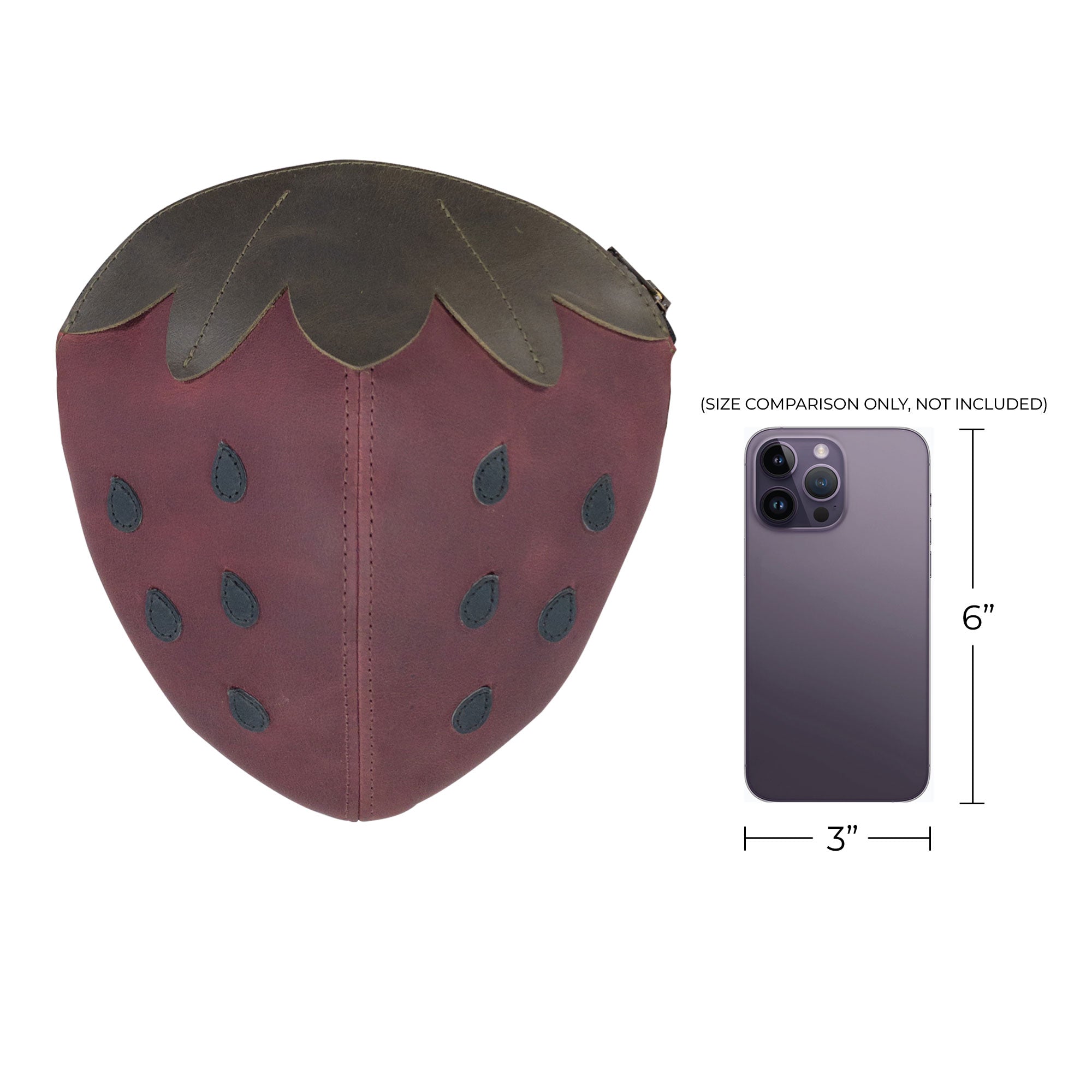 Size comparison of the Leather Strawberry-Shaped Shoulder Bag by Tudi Frudi next to a smartphone. This unique Full Grain Leather crossbody bag is designed with attention to detail in small batch production, showcasing handmade quality and craftsmanship from La Antigua Guatemala & Oaxaca Mexico.