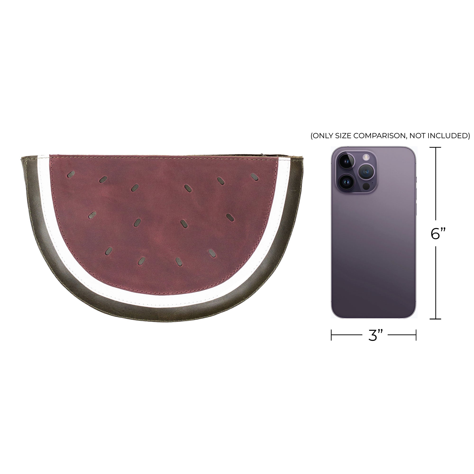 Size comparison of the Watermelon-Shaped Shoulder Bag by Tudi Frudi next to a phone, emphasizing its practical use. This fashionable Crossbody Bag and Messenger Bag is crafted from Full Grain Leather and epitomizes artisan techniques through small batch production, hand cut, hand sewn, and fire branded methods. Handmade in La Antigua Guatemala & Oaxaca Mexico.