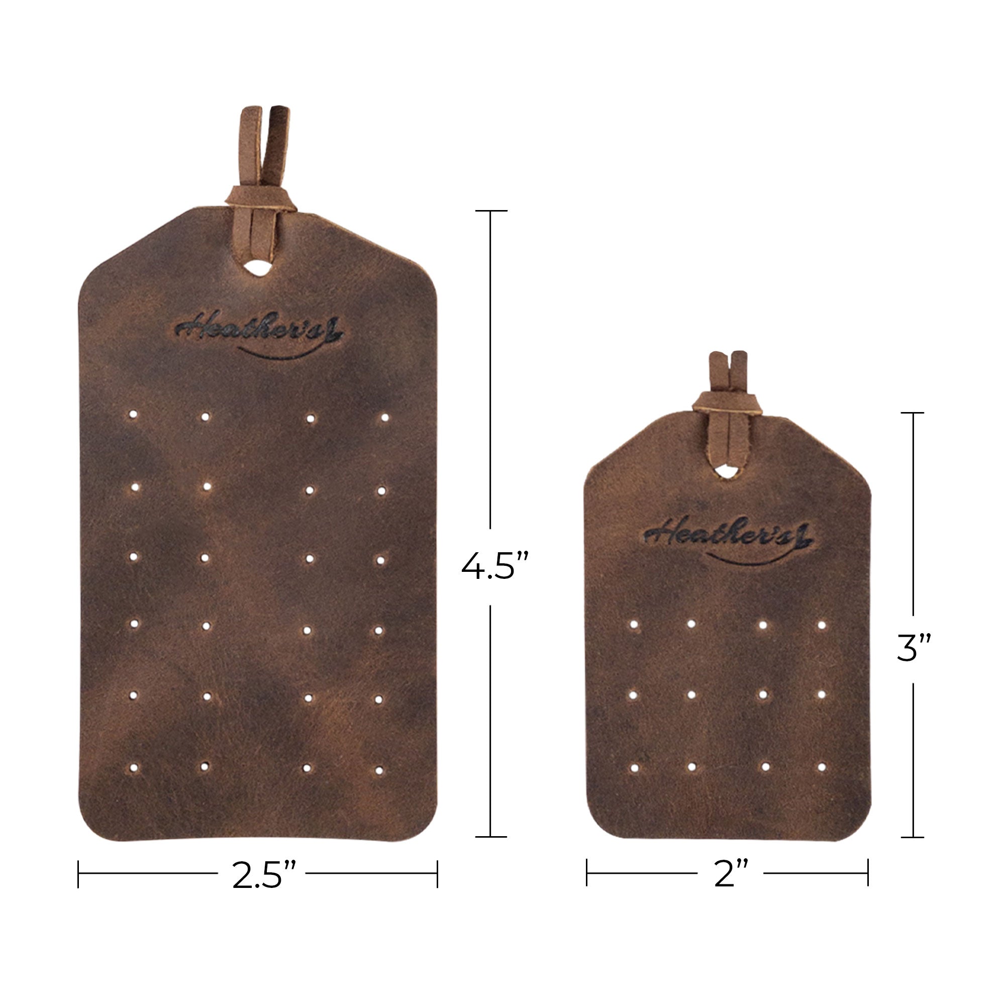 Set of 2 Earring Tags by Heather's displayed with their accompanying information, emphasizing their artisan quality with small batch production. Designed for secure earring storage, these full grain leather tags feature pre-cut holes and are handmade in La Antigua Guatemala & Oaxaca Mexico.