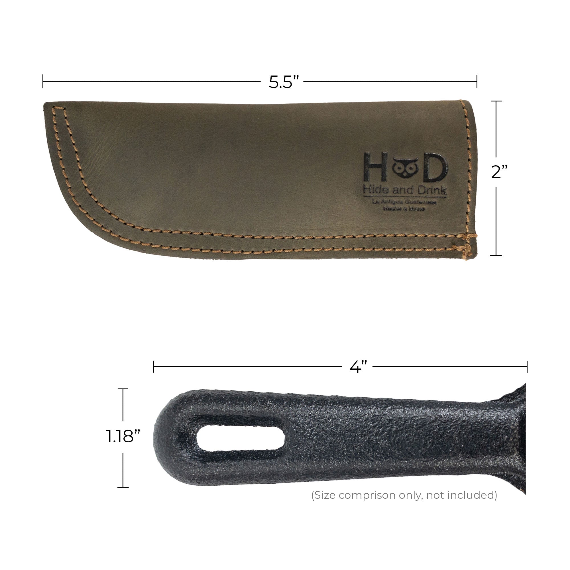 Hide & Drink Cast Iron Panhandle Cover displayed in a stylish manner, showcasing quality craftsmanship. This artisan hot handle protector combines the durability of full grain leather with the convenience of double stitching. Handmade in La Antigua Guatemala & Oaxaca Mexico, it’s a must-have for cooking enthusiasts.