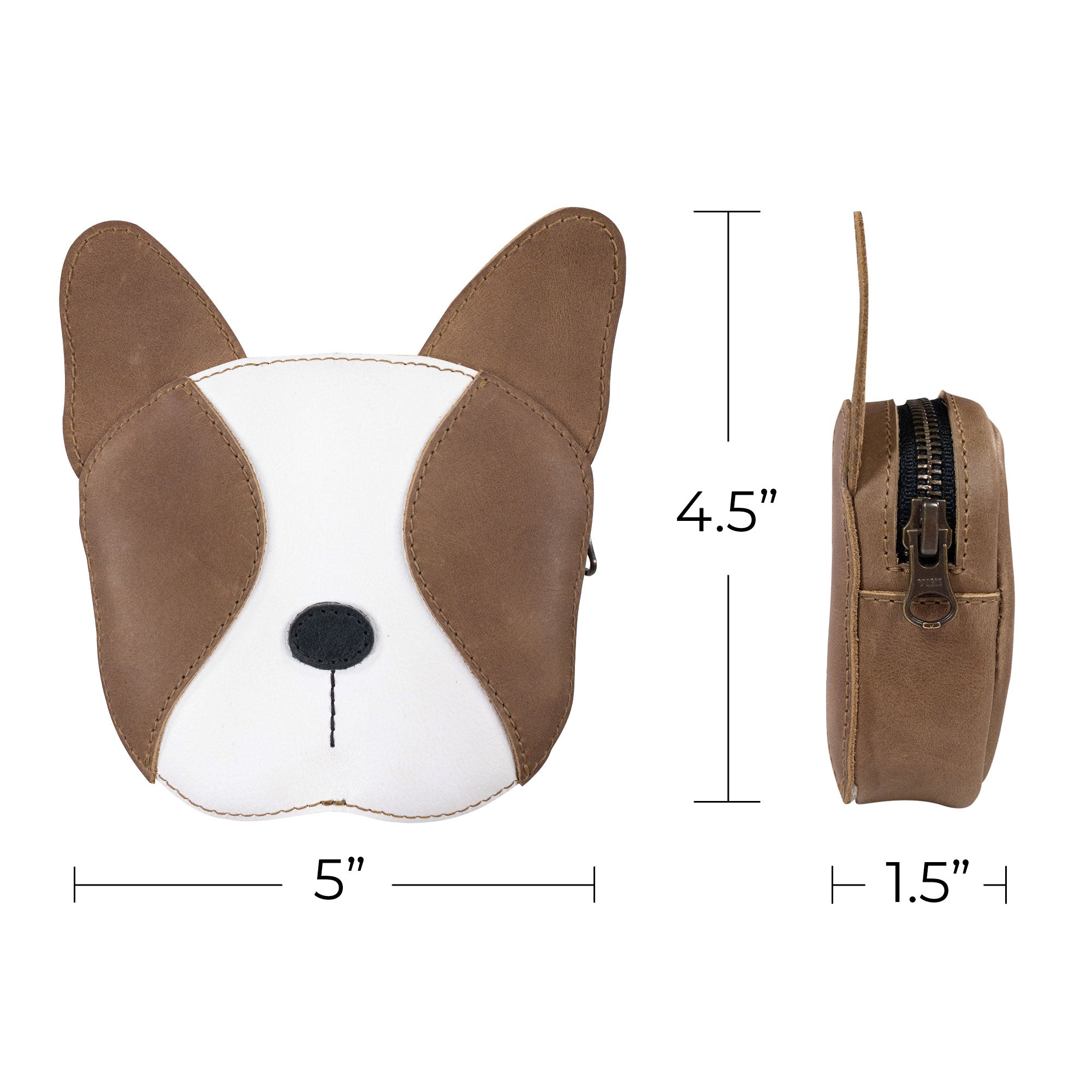 Detailed dimensions of the French Bulldog-Shaped Leather Wallet by Taco Dog, showing its practical size of 5x4.5x1.5 inches. This exquisite handbag is made from full grain leather, handmade in La Antigua Guatemala, making it a perfect coin pouch, travel case, and stylish accessory for pet lovers. Artisan crafted with hand cut and hand sewn precision.