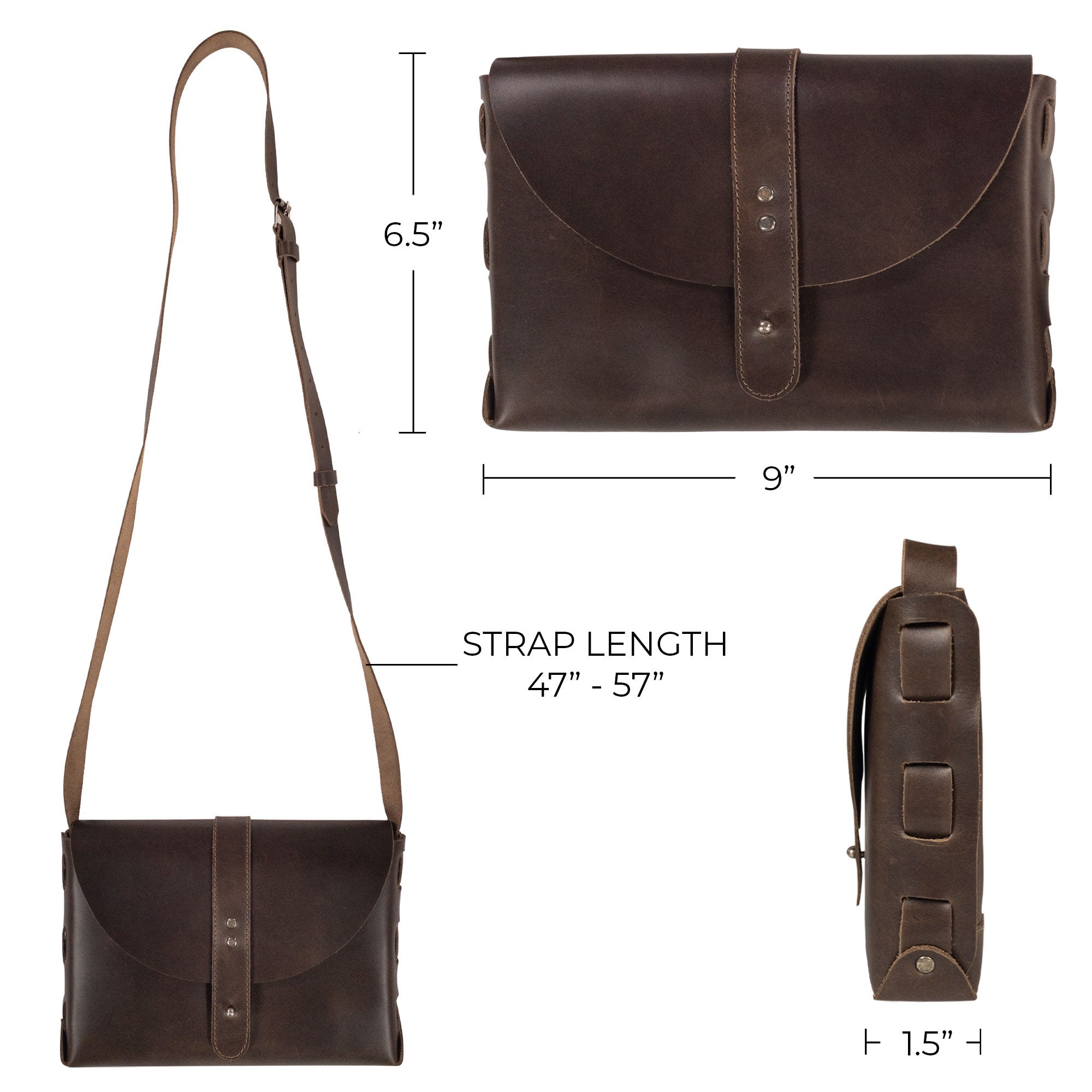 Vintage Leather Satchel by La Antigua, showing the dimensions and strap length details. This messenger bag, with its classic style and full grain leather construction, is a handmade treasure from La Antigua Guatemala.