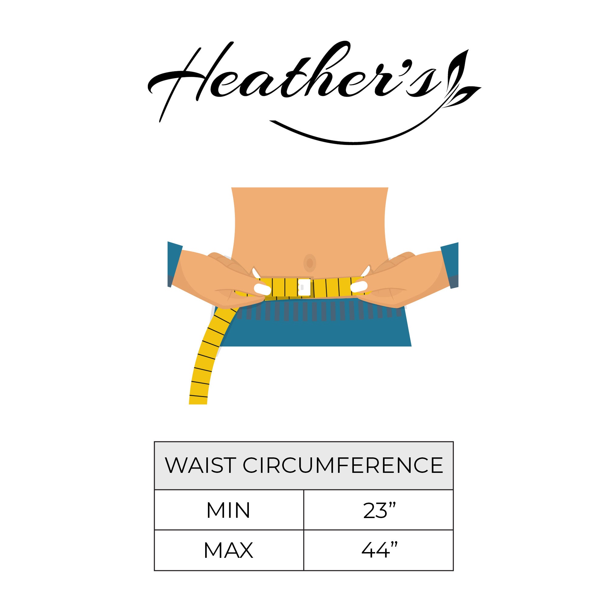 Infographic showcasing waist circumference measurements with Heather's Ring Belt for Women, designed for adjustable fit. This no buckle waist belt made from full grain leather combines practicality with stylish fashion. Ring Belt for Women, No Buckle Waist Belt, Fashion, Adjustable, Full Grain Leather, Handmade Waist Accessory, Small Batch Production, Hand Cut, Hand Sewn, Fire Branded, Artisan, Handmade in La Antigua Guatemala & Oaxaca Mexico.