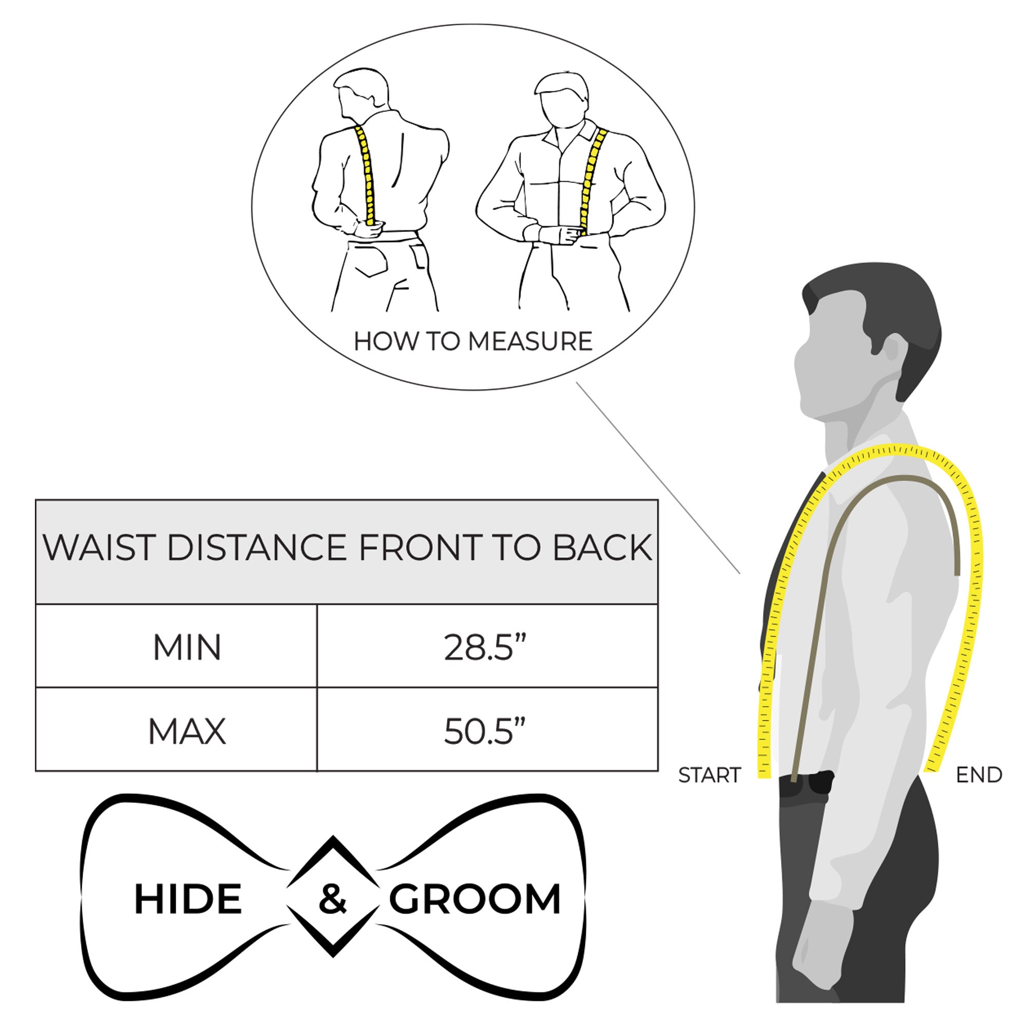 Infographic showing how to measure for the X Back Suspenders with Belt Loops by Hide & Groom. These handmade Full Grain Leather suspenders are ideal for weddings, acting as stylish Broom Accessories. Crafted with care in La Antigua Guatemala & Oaxaca Mexico, they reflect artisan craftsmanship and are perfect for bestman outfits.