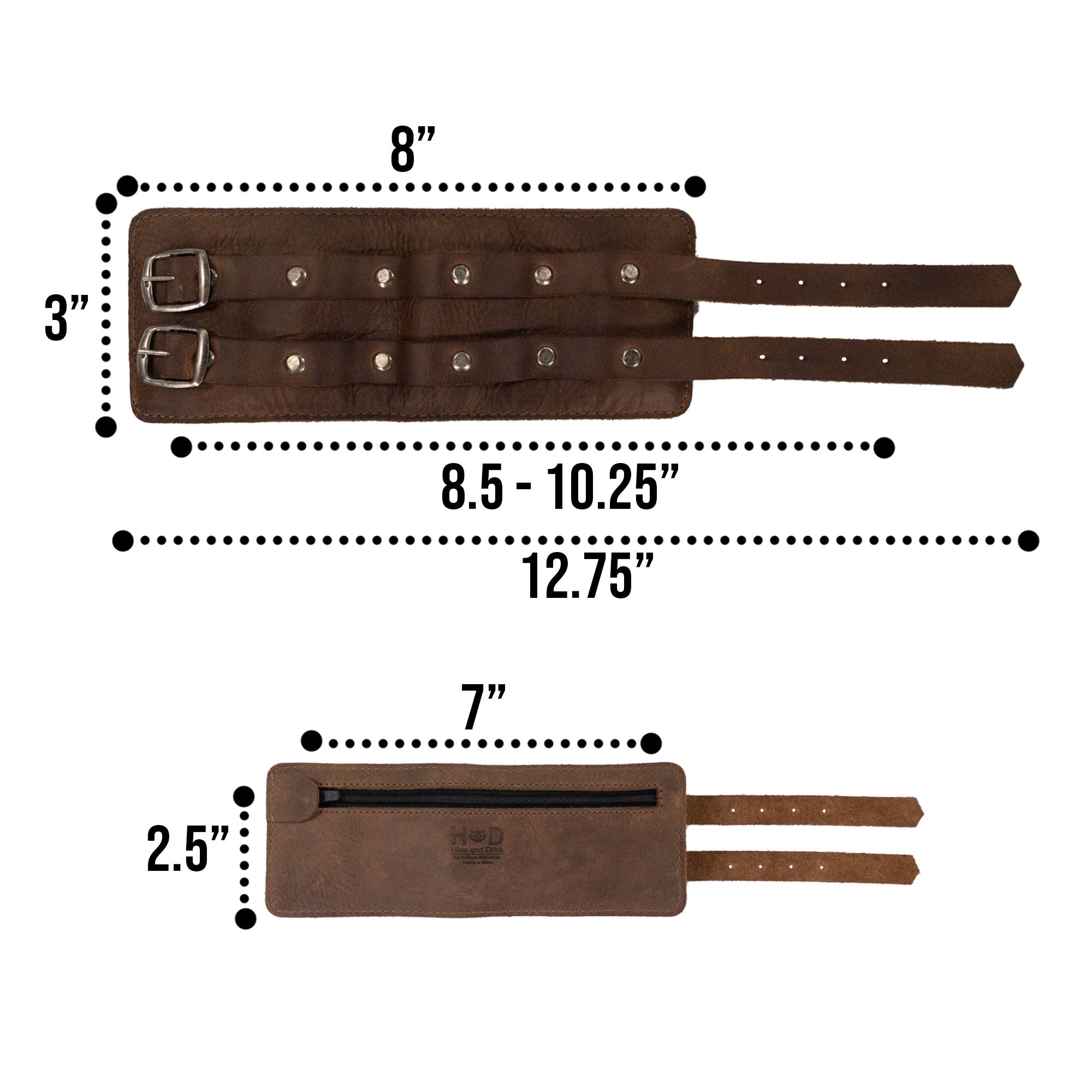 An overview of Hide & Drink's Wrist-Wallet-Cuff made from durable Full Grain Leather. This rustic leather bracelet includes a hidden pouch for bills and an inner zippered pouch, merging style with everyday functionality. Each artisan piece is handmade in La Antigua Guatemala & Oaxaca Mexico.