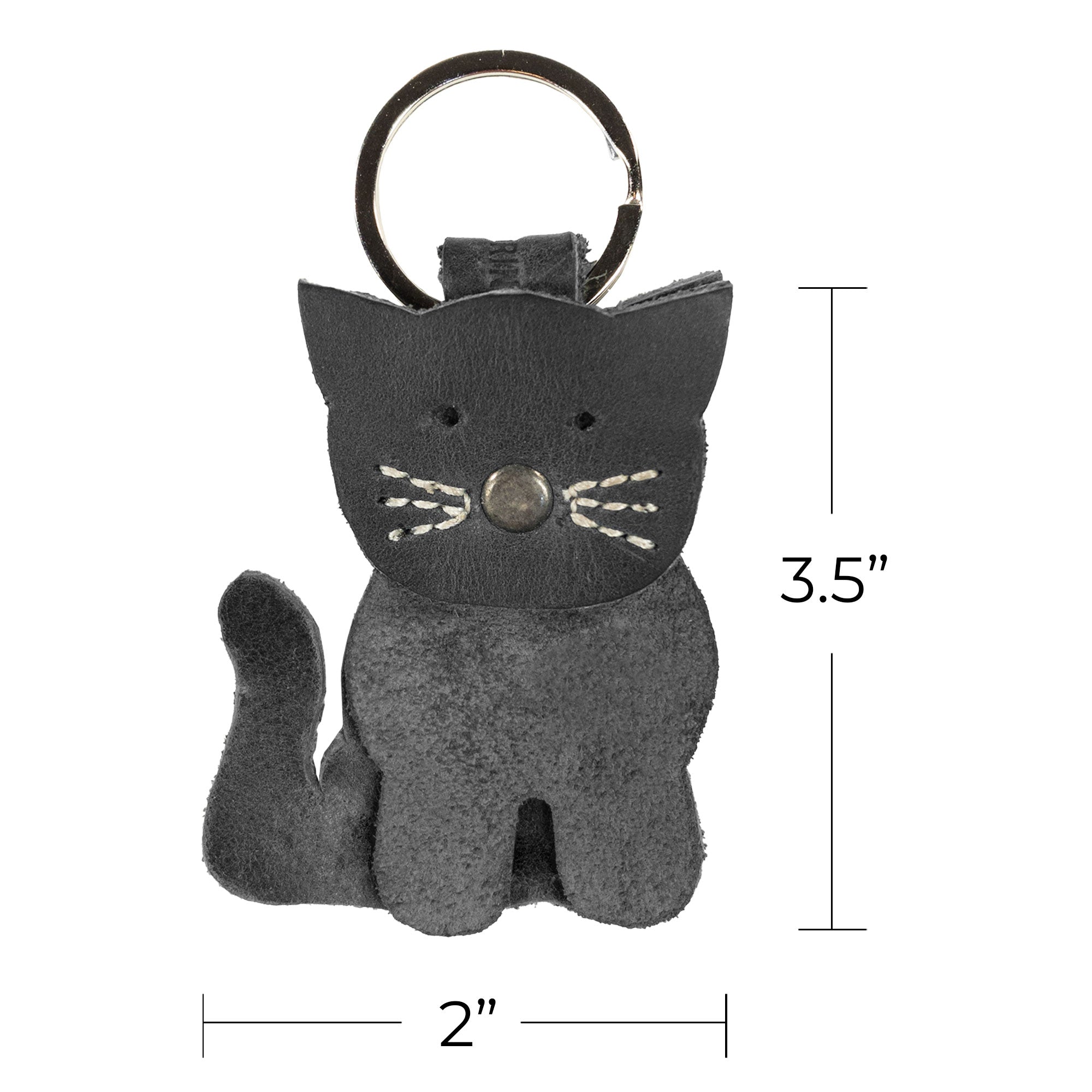 Detailed dimensions of the Cat Layered Keychain by Hide & Drink, highlighting its compact size and elegant design. An adorable gift for animal lovers, crafted from high-quality Full Grain Leather for durability. An essential accessories piece for anyone who loves cats. StockyardX, Small Batch Production, Hand Cut, Hand Sewn, Fire Branded, Artisan, Handmade in La Antigua Guatemala & Oaxaca Mexico.