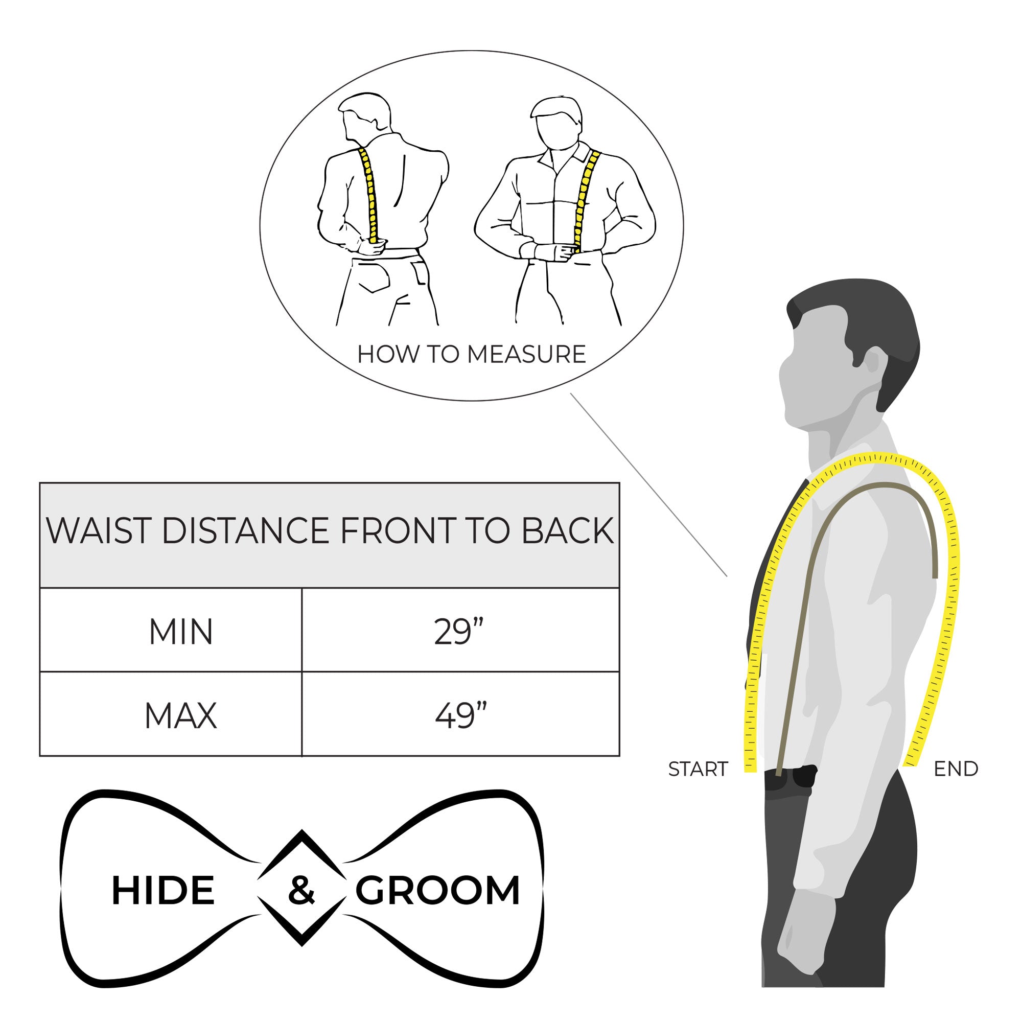 Measuring guide for Rustic Y Back Suspenders from Hide & Groom, illustrating how to find the perfect fit. With a design suited for groomsmen and best men, these full grain leather suspenders are handcrafted in La Antigua Guatemala, ensuring artisan quality for wedding ceremonies and dinner parties.