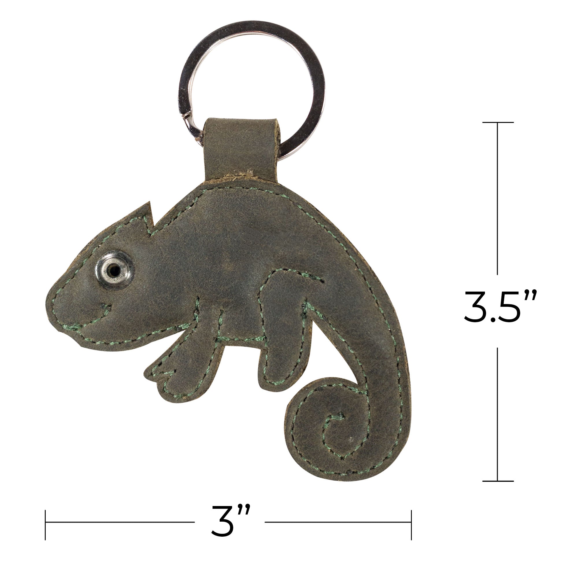 Measurement guide for Hide & Drink's Chameleon Keychain, showcasing its dimensions of 3.5 inches in height and 3 inches in length. This full grain leather piece serves as a perfect gift for animal lovers, reflecting artisan quality in every handcrafted detail from La Antigua Guatemala & Oaxaca Mexico.