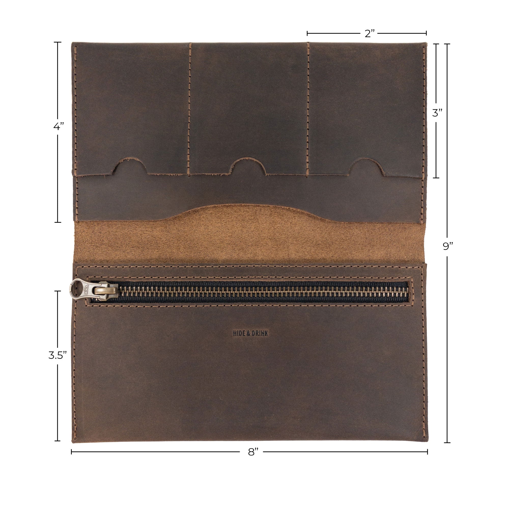 Dimensions of the Hide & Drink Large Wallet for Passport with Credit Card Slots, illustrating its full grain leather construction and slots for organization, crafted with care in La Antigua Guatemala & Oaxaca Mexico.