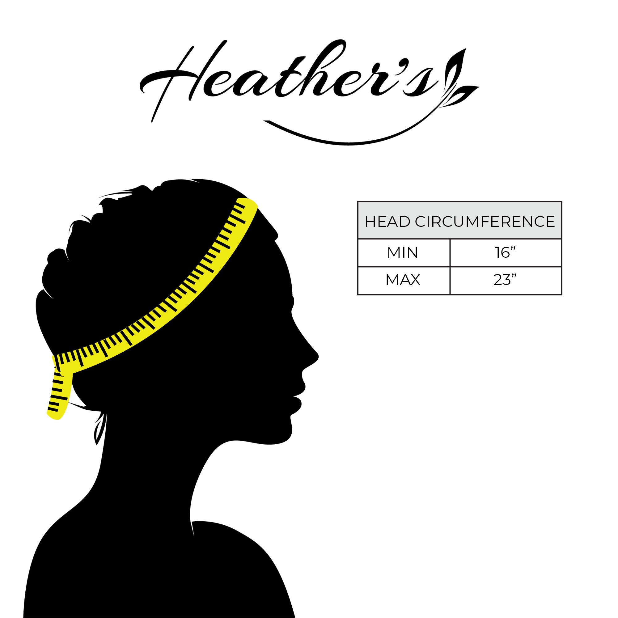 A silhouette image featuring Heather's Flowered Headband with measurements for head circumference. This rustic headband for women blends functionality and artistry, crafted from full grain leather. A perfect representation of handmade quality and artisan dedication rooted in La Antigua Guatemala and Oaxaca Mexico.