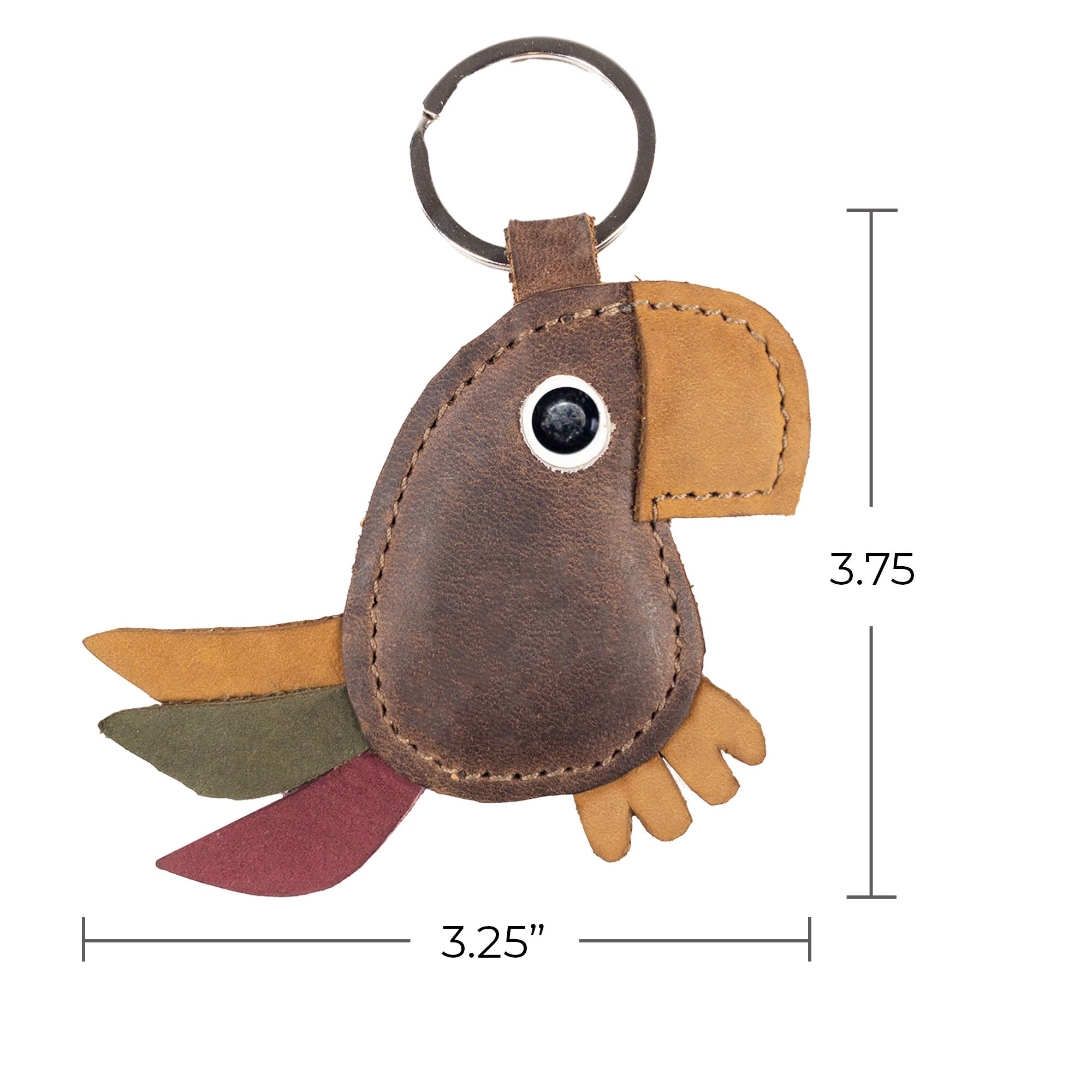 Dimensions of Hide & Drink's Toucan Keychain shown to highlight its size as a small but functional accessory. Made from full grain leather, this animal-shaped keyring is a unique ornament for bags. Artisan crafted in La Antigua Guatemala & Oaxaca Mexico, it exemplifies small batch production, hand cut, hand sewn, and fire branded details.
