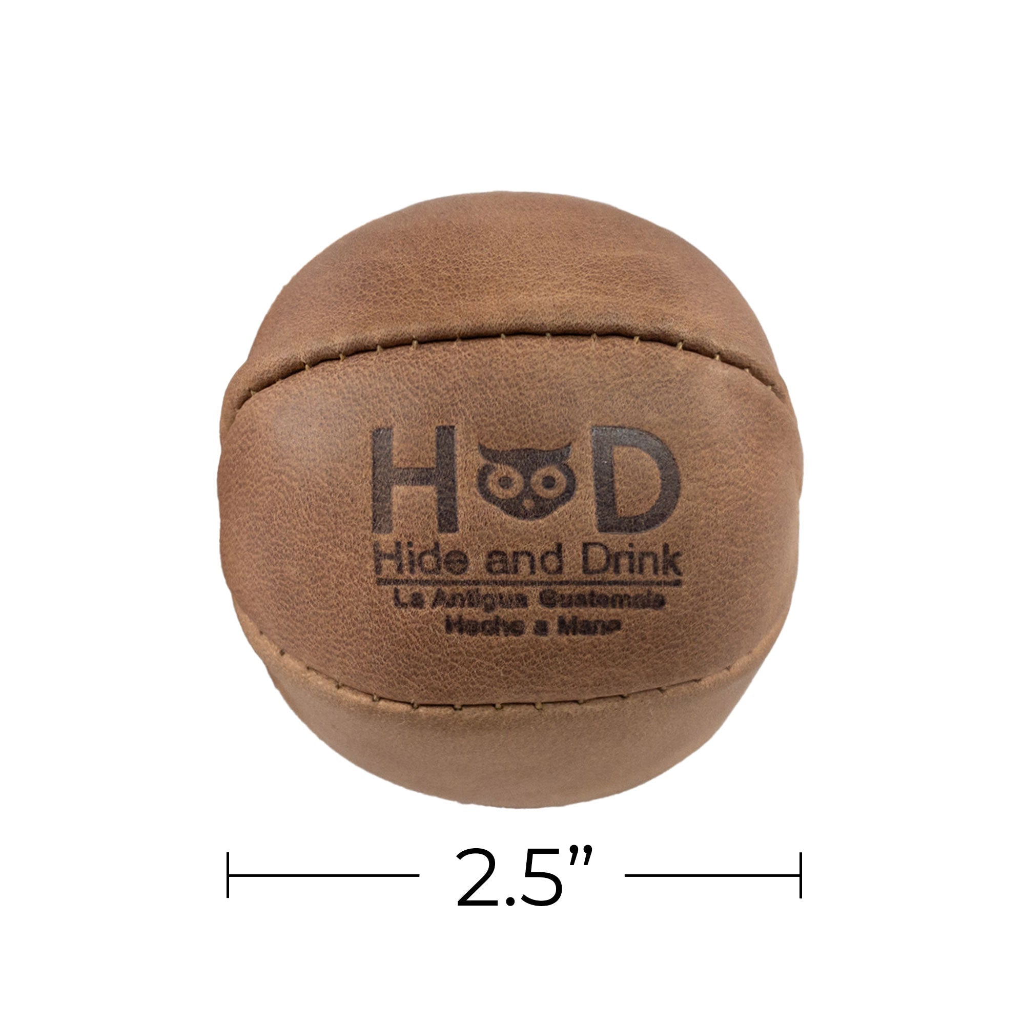 Hide & Drink brown Stress Ball dimensions highlighted, emphasizing its practical 2.5-inch size for easy handling. Perfect for relieving fidgeting and anxiety, handcrafted from full grain leather in La Antigua Guatemala.