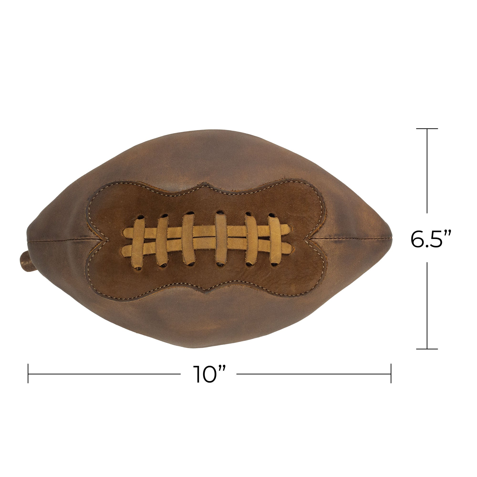 Measuring dimensions displayed next to the Football Toiletry Bag by Hide & Drink, emphasizing its compact size. This Gameday Football Dopp Toiletry Bag is made from full grain leather, making it an excellent travel organizer and a sturdy bag for grooming essentials or shaving kits. Handmade with love in La Antigua Guatemala, it reflects the artisan craftsmanship of small batch production.