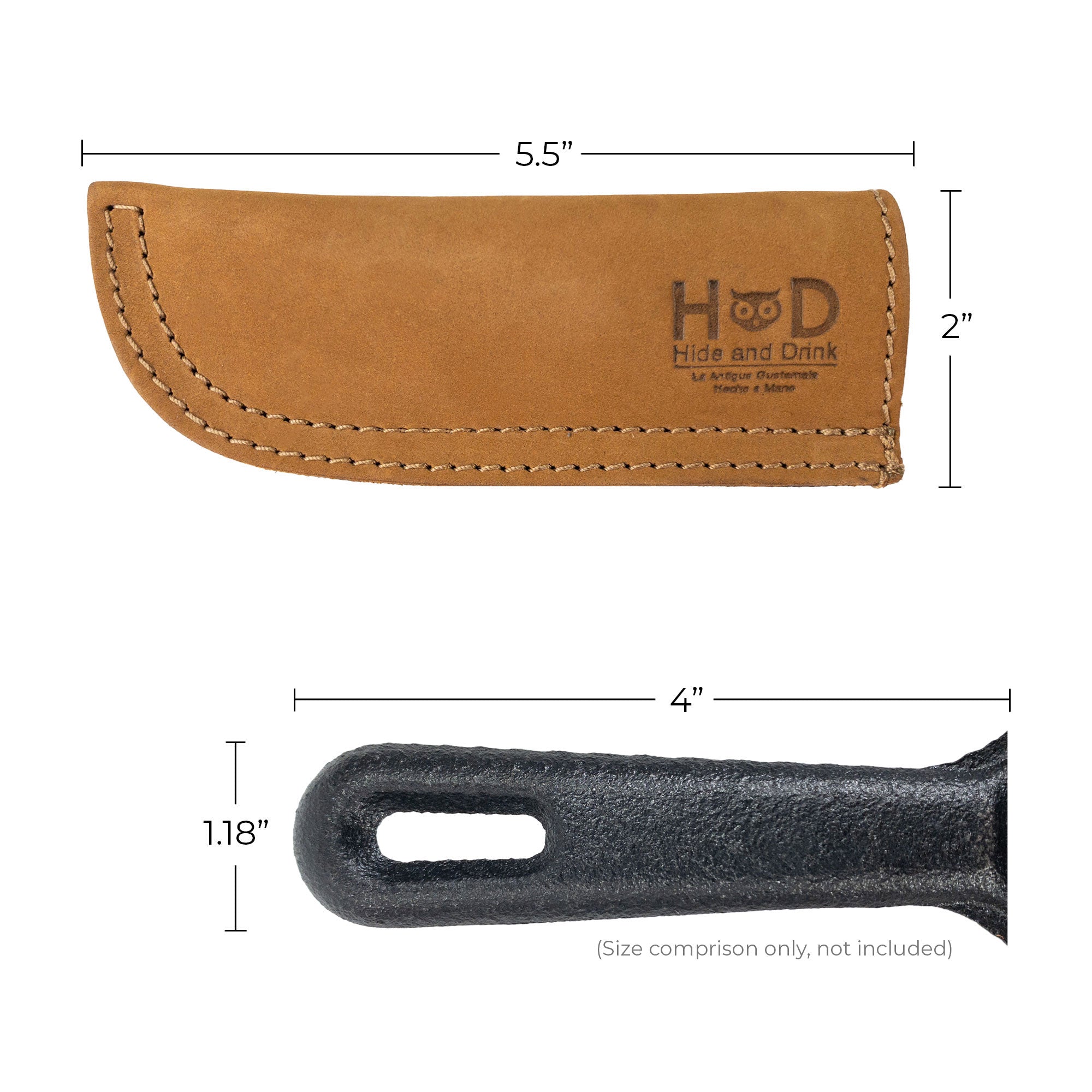 Hide & Drink Cast Iron Panhandle Cover elegantly displayed on a skillet, showcasing its practical design. This full grain leather hot handle protector features double stitching for durability and creates a stylish grip for your cookware. Handmade in La Antigua Guatemala & Oaxaca Mexico, it's an essential for kitchen safety.