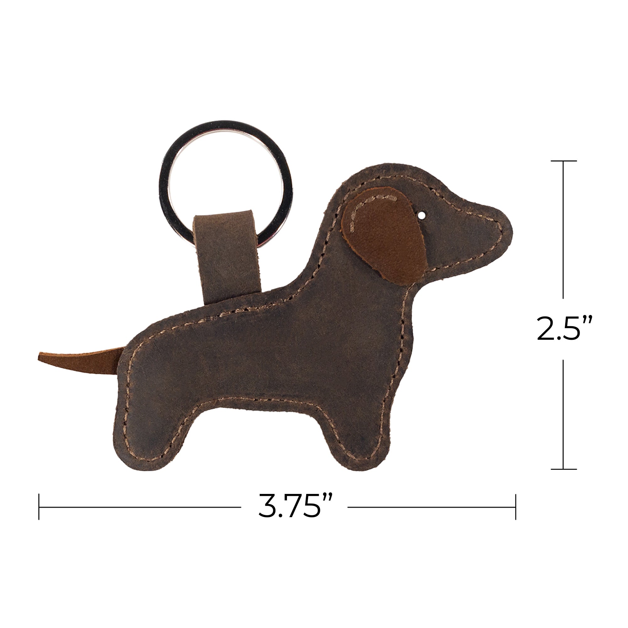 This close-up of the Hide & Drink Dog Keychain details its dimensions, emphasizing the adorable dog shape made from Full Grain Leather. A perfect addition to any collection, this small batch production piece reflects artisan craftsmanship, handmade in La Antigua Guatemala & Oaxaca Mexico.