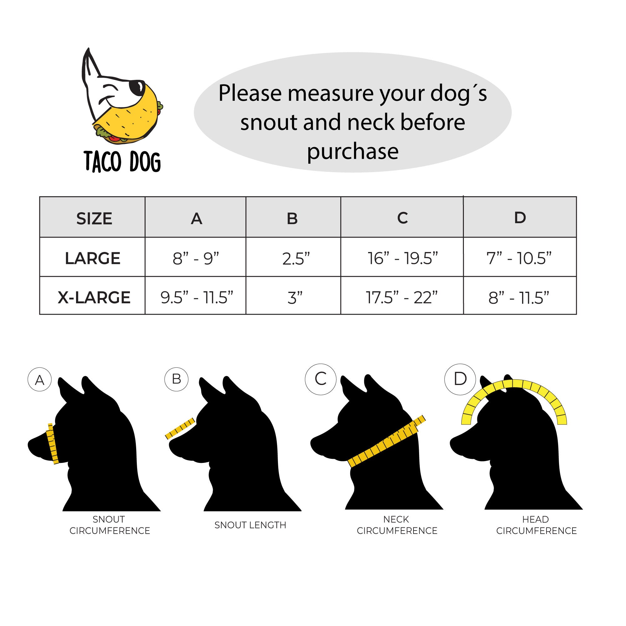 Size chart for the Anti Bite Dog Muzzle by Taco Dog, providing measurement details for a proper fit. This rustic dog muzzle guard ensures secure training with adjustable straps and is crafted from full grain leather, highlighting the brand's commitment to small batch production and handmade quality in La Antigua Guatemala & Oaxaca Mexico.