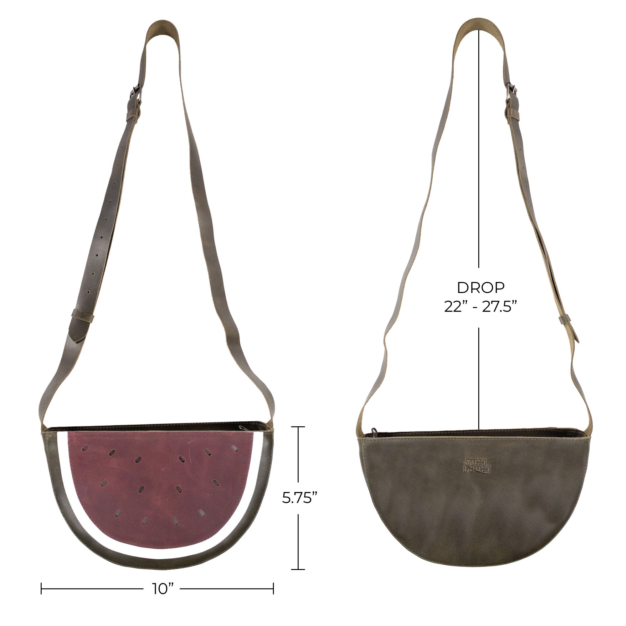 Dimensions of the Watermelon-Shaped Shoulder Bag by Tudi Frudi, showing its size as a versatile Crossbody Bag and Messenger Bag. Crafted from Full Grain Leather, this bag represents small batch production, hand cut, hand sewn, and fire branded craftsmanship. Handmade in La Antigua Guatemala & Oaxaca Mexico.