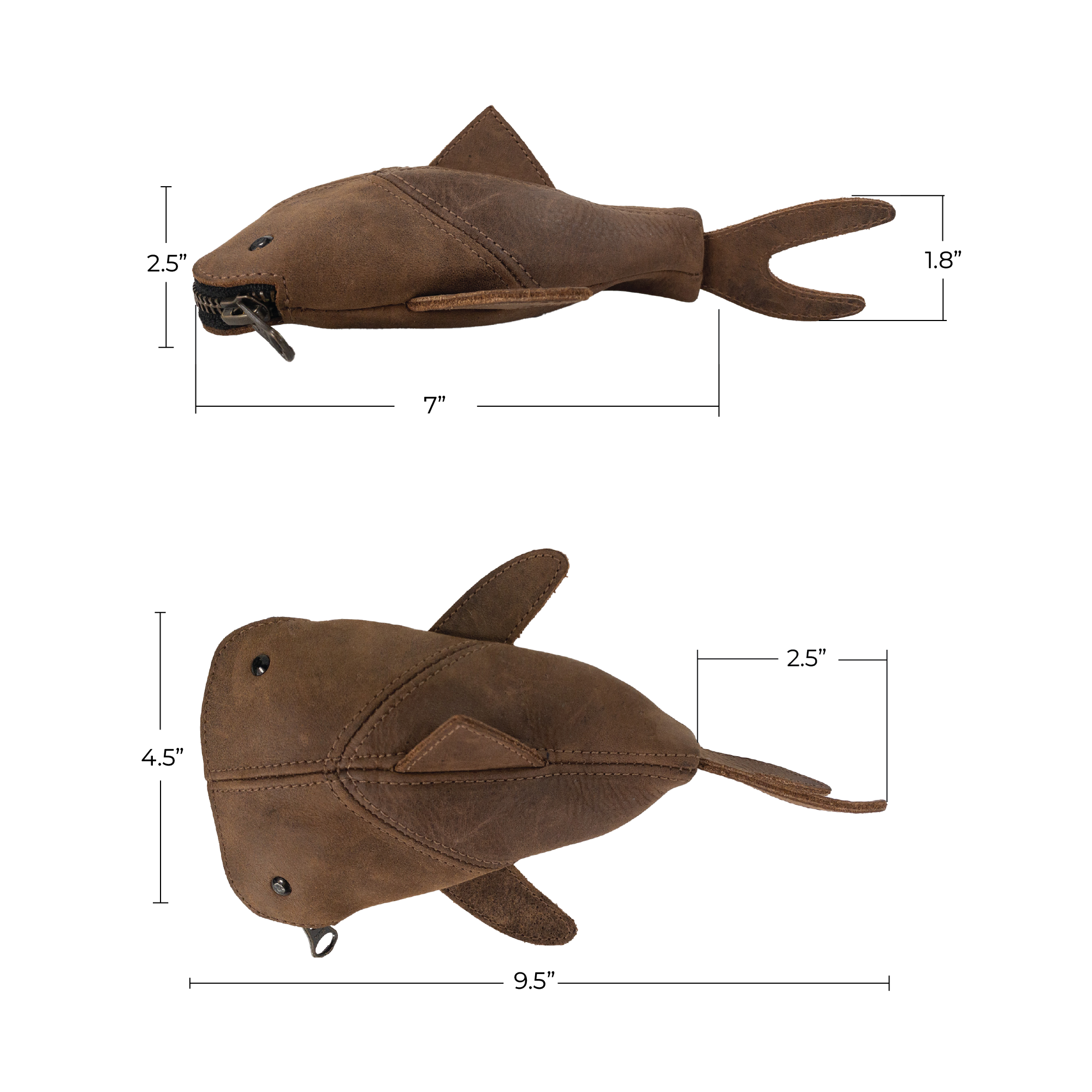Full view of the brown Leather Shark Pouch by Hide & Drink, illustrating its unique zippered form. This playful shark shaped case is ideal as a pencil purse or zippered coin pouch. Handmade from full grain leather, it reflects the artistry of small batch production in La Antigua Guatemala & Oaxaca Mexico.