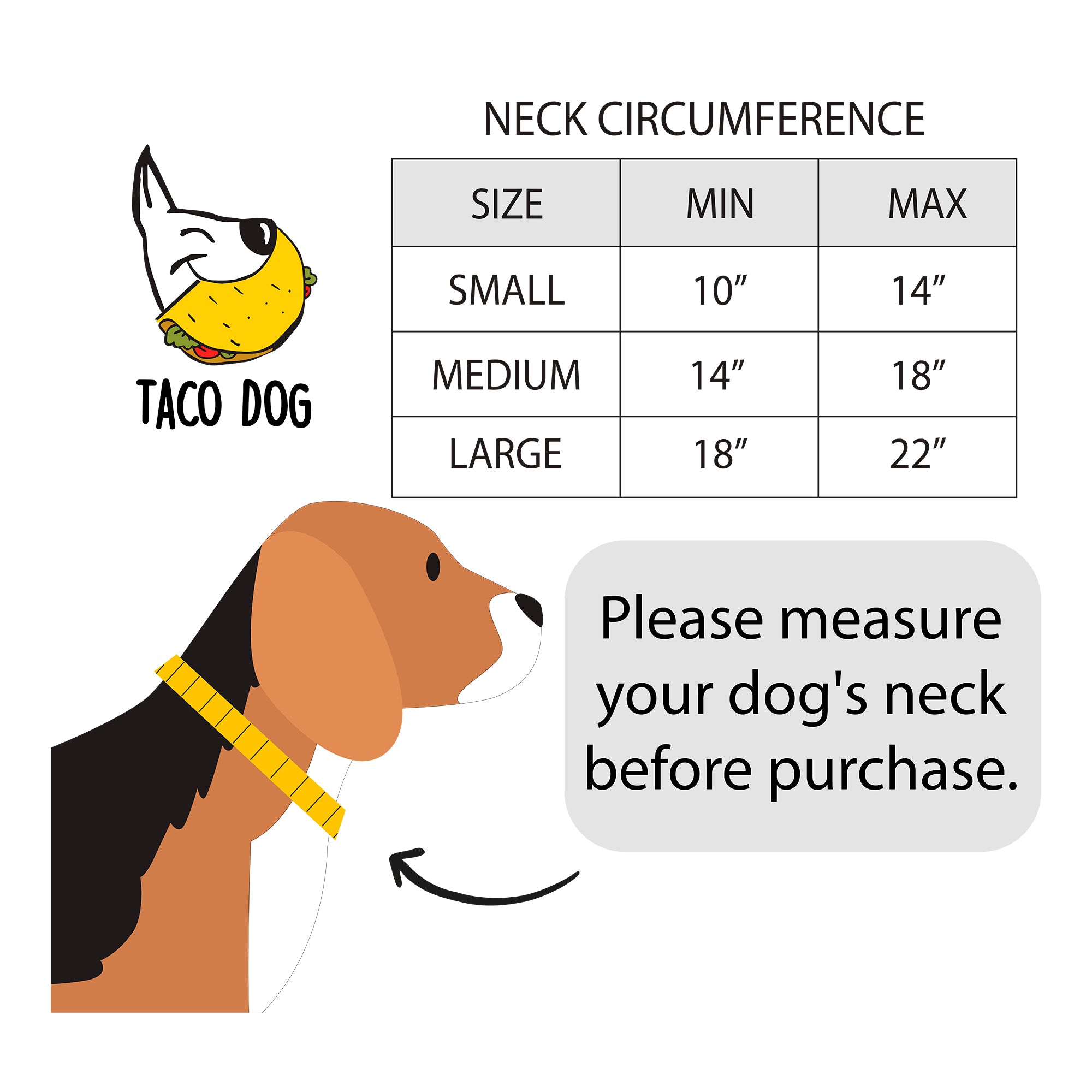 Size chart for the Classic Dog Collar by Taco Dog, displaying recommended neck circumferences for small, medium, and large dogs. This adjustable collar is a must-have outdoor accessory for pets, crafted from full grain leather. Classic Dog Collar 1.25" Wide, handmade with care in La Antigua Guatemala.
