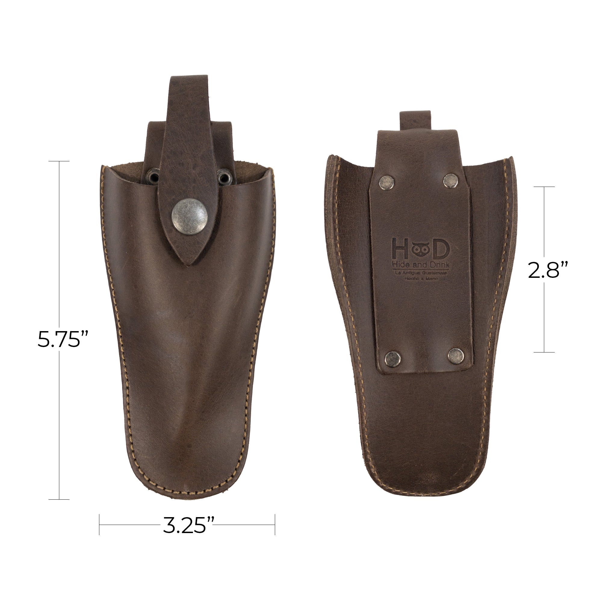 Dimension measurement of Hide & Drink Gardening Scissors Holster, providing detailed sizes for this elegant scissors case. Emphasizes the artisan craftsmanship and handmade touch, made from durable full grain leather.
