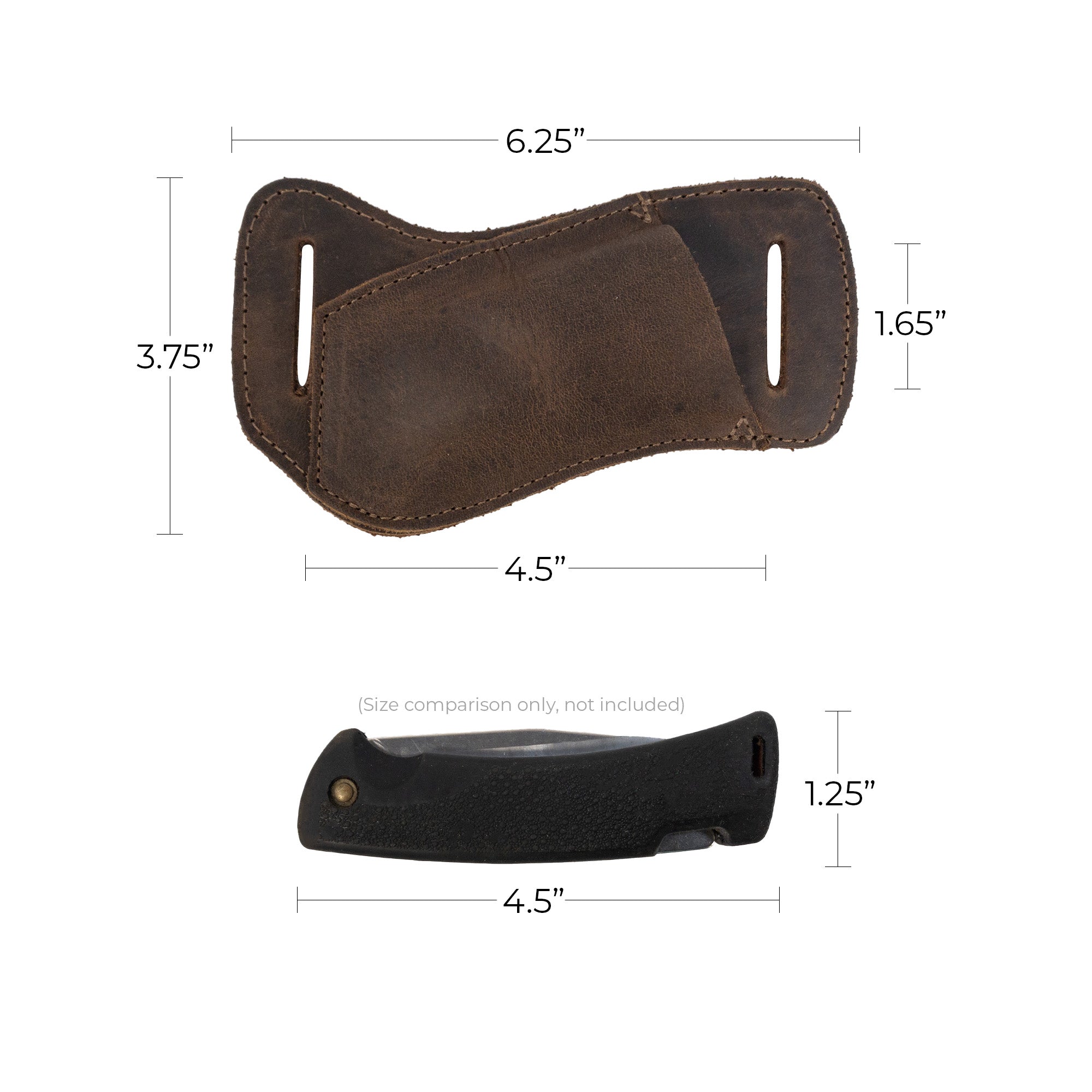 Illustration of the dimensions of the Full Grain Leather Horizontal Knife Holster by Hide & Drink, showing its size in comparison to a knife. This Knife Case functions as a Waist Sleeve for Small Knives, making it a great Camping Accessory and Outdoor Protector for your Knife. Handcrafted through Small Batch Production with Hand Cut and Hand Sewn techniques, each piece is Fire Branded and represents the artisan tradition of La Antigua Guatemala & Oaxaca Mexico.