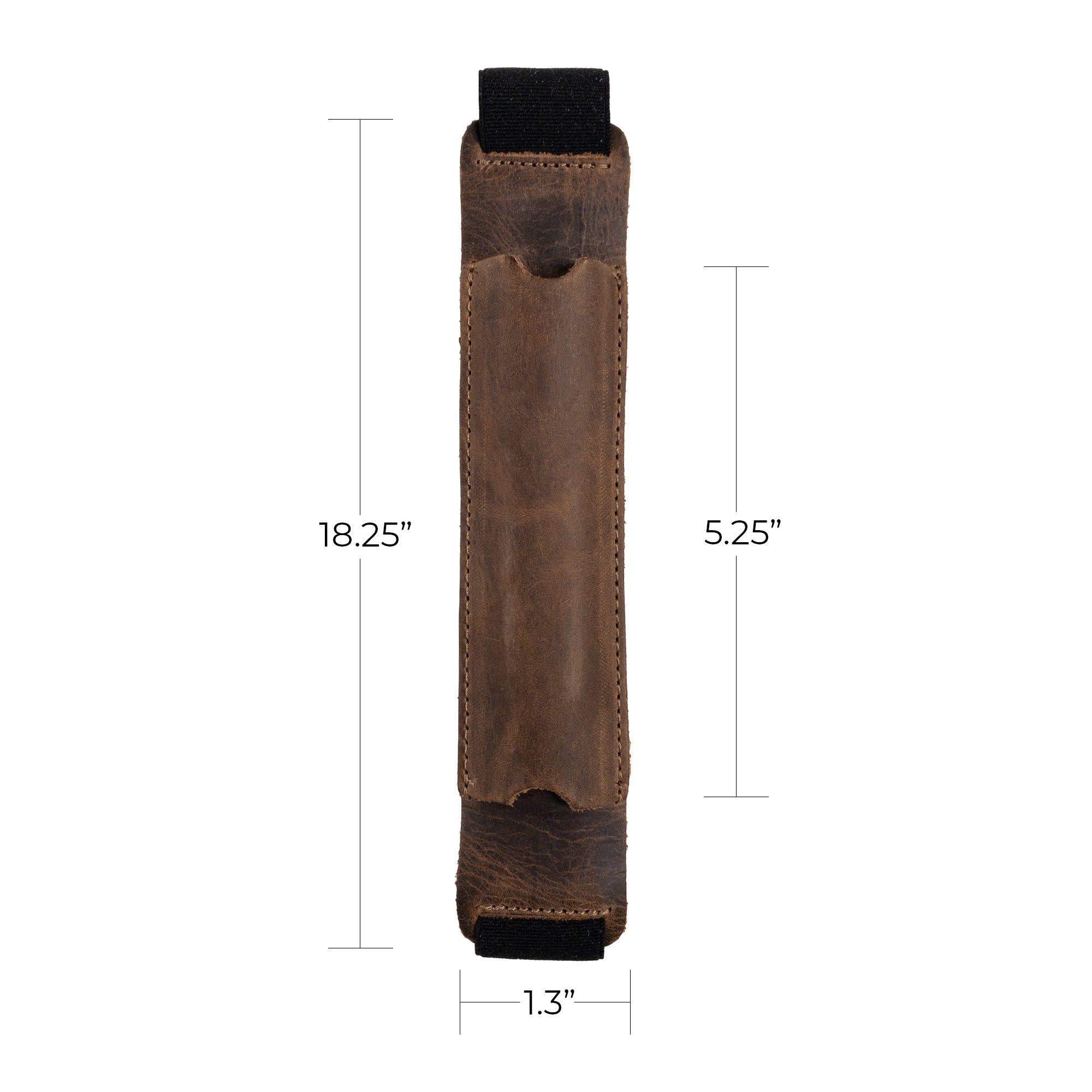 Close-up of Hide & Drink Pen Holster with measurements displayed, illustrating its practical design for holding pens and notebooks. This artisan product is crafted from full grain leather in La Antigua Guatemala & Oaxaca Mexico.