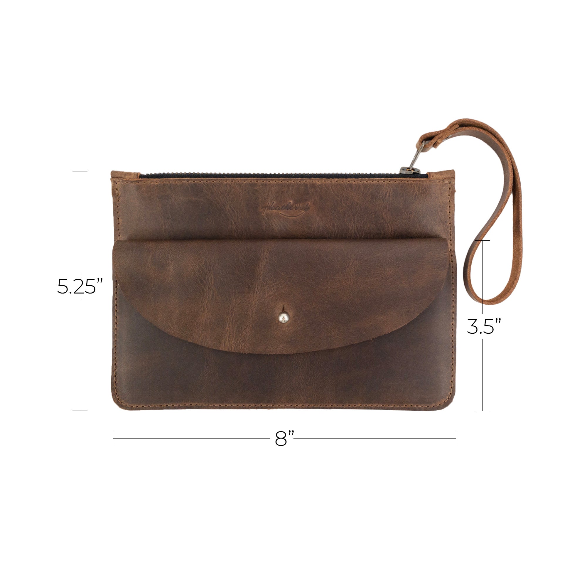 Heather's Clutch Bag with Extra Pouch displayed with measurements. This Full Grain Leather wrist wallet for cards highlights the precision of small batch production, handmade by artisans in La Antigua Guatemala & Oaxaca Mexico.