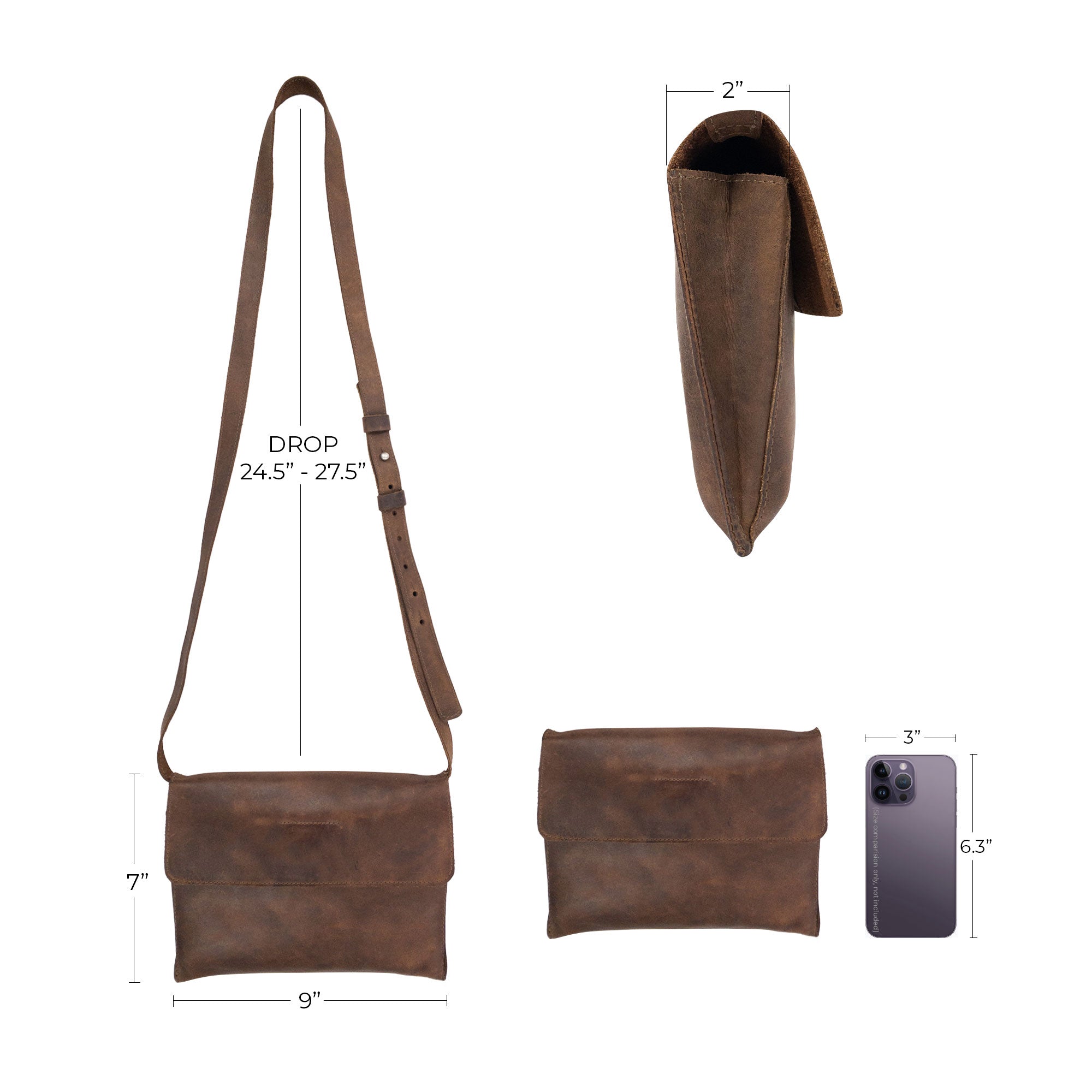 Dimensions of the Minimalist Shoulder Bag by Hide & Drink are displayed, highlighting its practicality and sleek design. This rectangular messenger bag made from full grain leather serves as a perfect travel accessory. Embrace the artisan craftsmanship of this Mini Classic Shoulder Bag, featuring hand cut and hand sewn details, fire branded for authenticity, created in La Antigua Guatemala & Oaxaca Mexico.