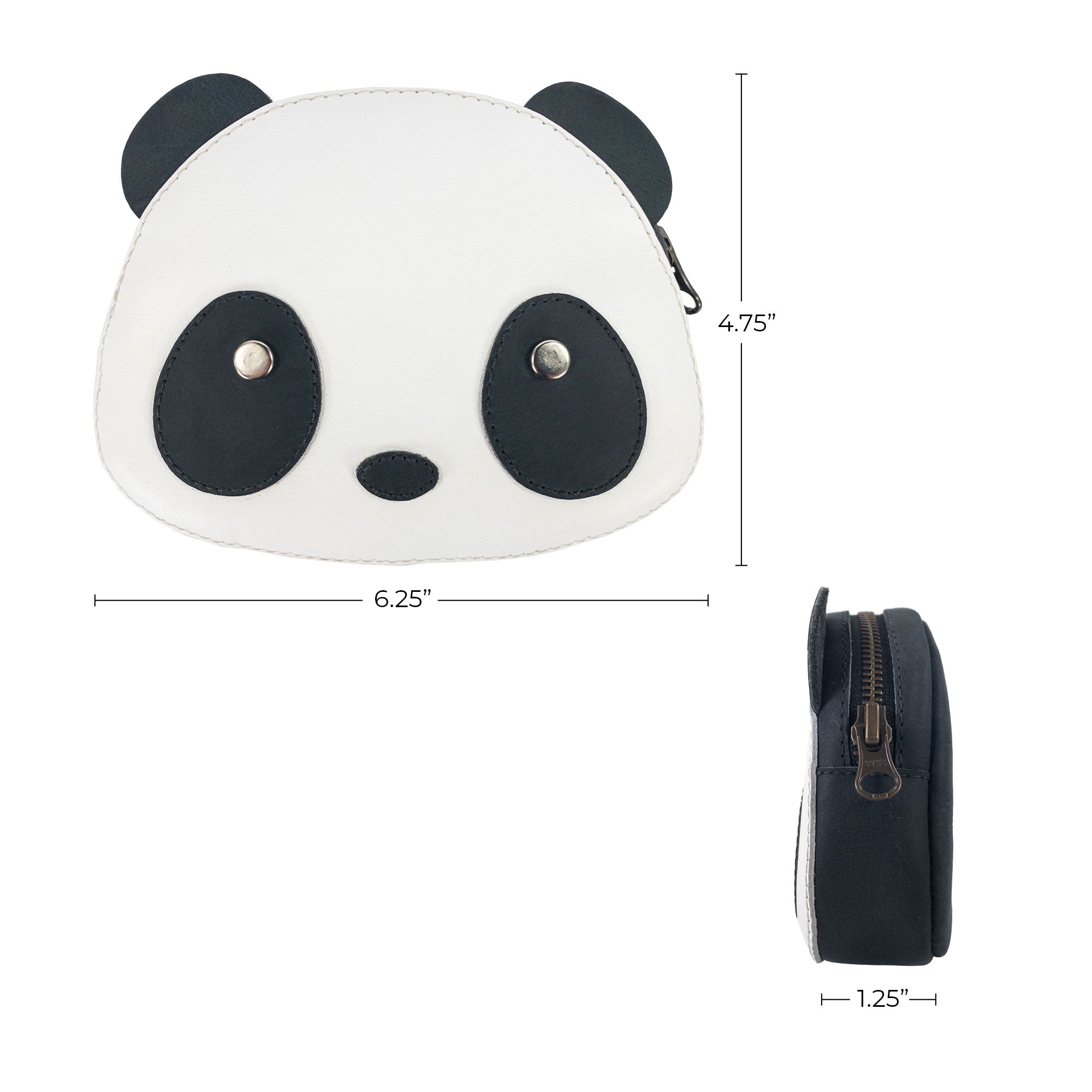 Dimensions of the Panda Head Shape Wallet by Hide & Drink are shown, featuring its cute panda design. Ideal for cash, cables, cards, and travel accessories, this wallet is made from Full Grain Leather with hand cut, hand sewn, fire branded craftsmanship, produced in small batches in La Antigua Guatemala & Oaxaca Mexico.
