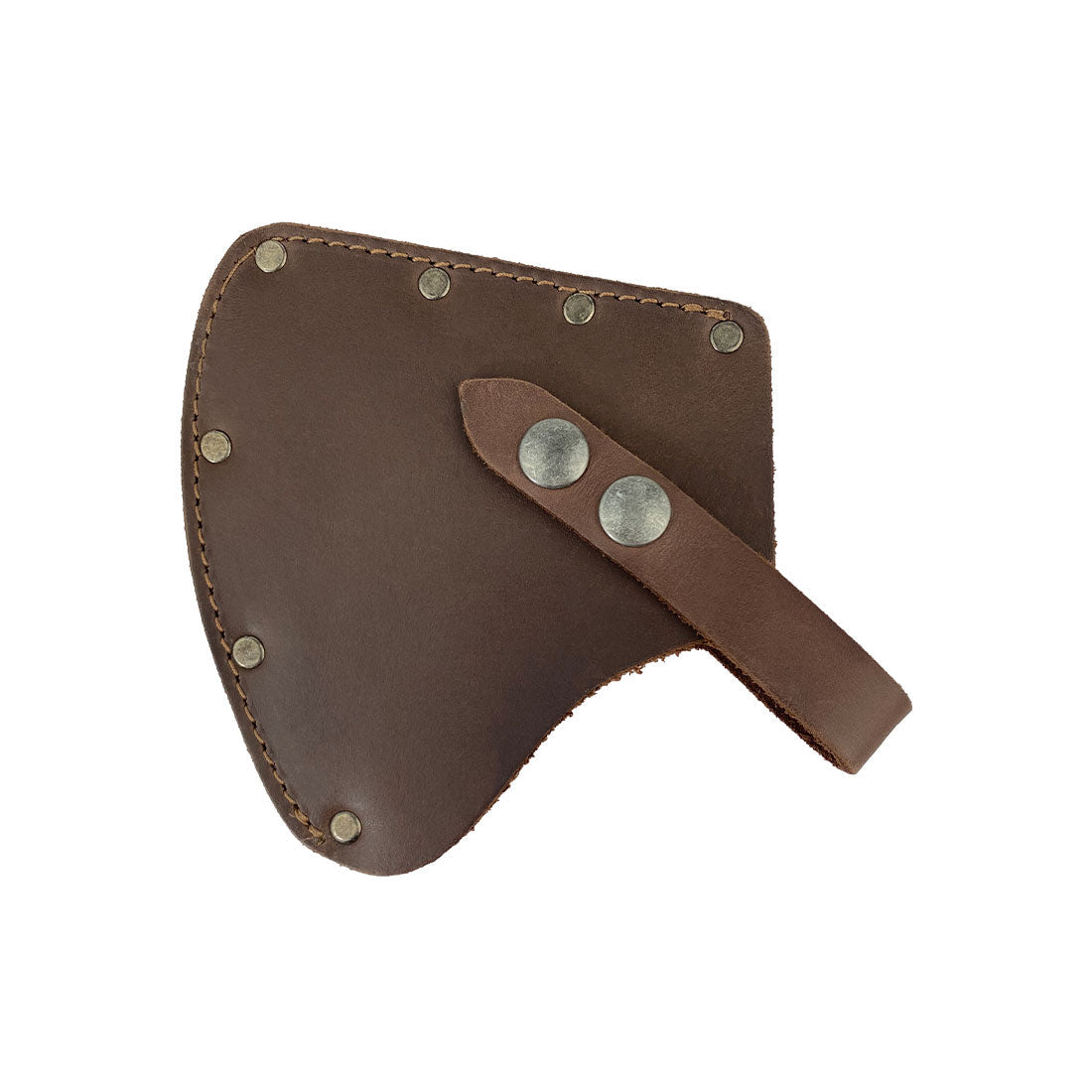 Camper Axe Head Sheath by Hide & Drink, showcasing an Adjustable Axe Sheath made of Full Grain Leather. This protective cover serves as a blade sleeve for camping accessories, reflecting artisan craftsmanship in small batch production, hand cut, hand sewn and fire branded. Perfect for lumberjack outdoors work essentials. Handmade in La Antigua Guatemala & Oaxaca Mexico.
